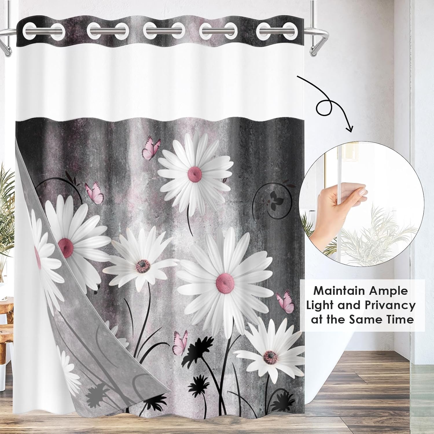 Nesphy Pink White Daisy Butterfly Shower Curtain Set