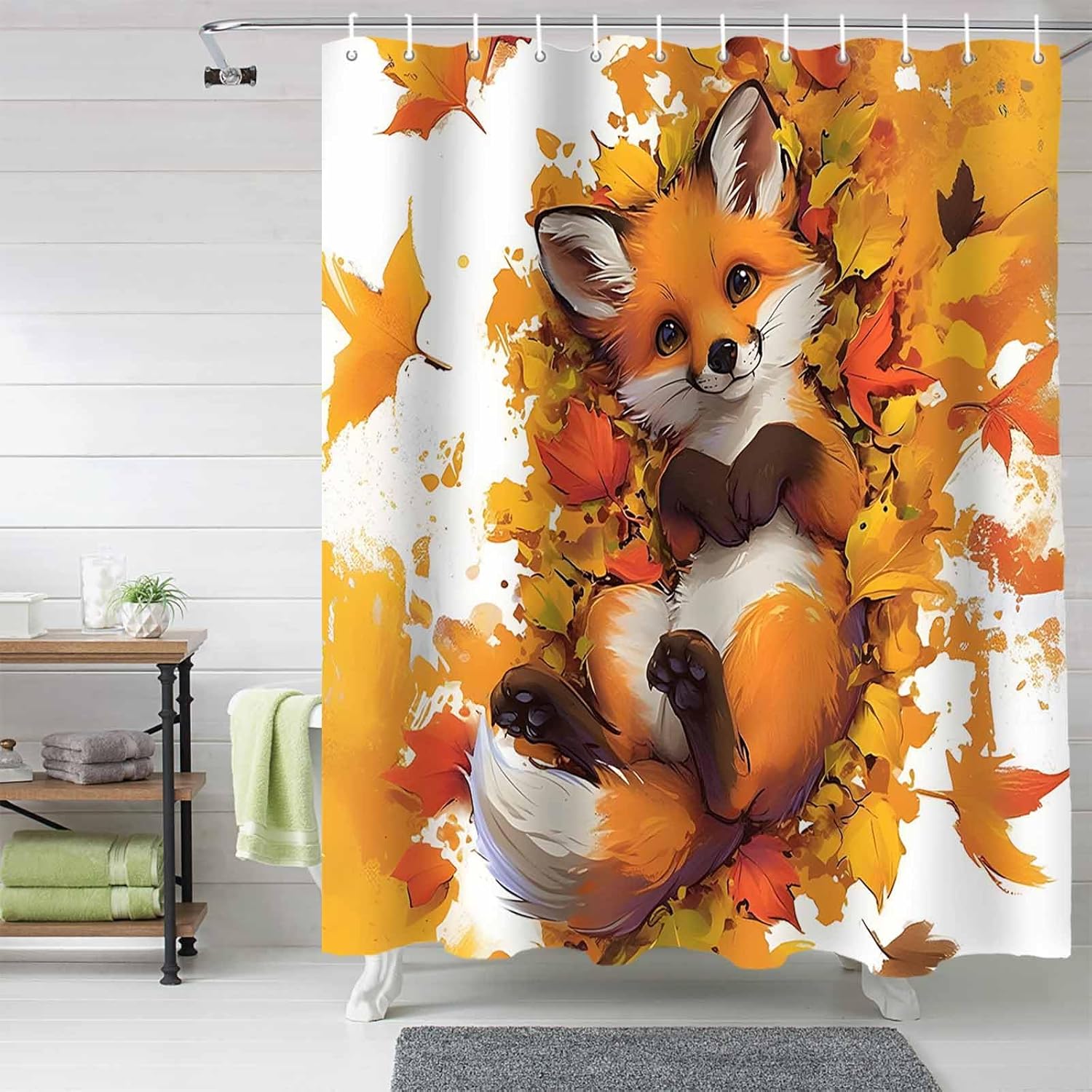Funnywall88 72 Maple Leaf Fox Shower Curtain Set with Hooks