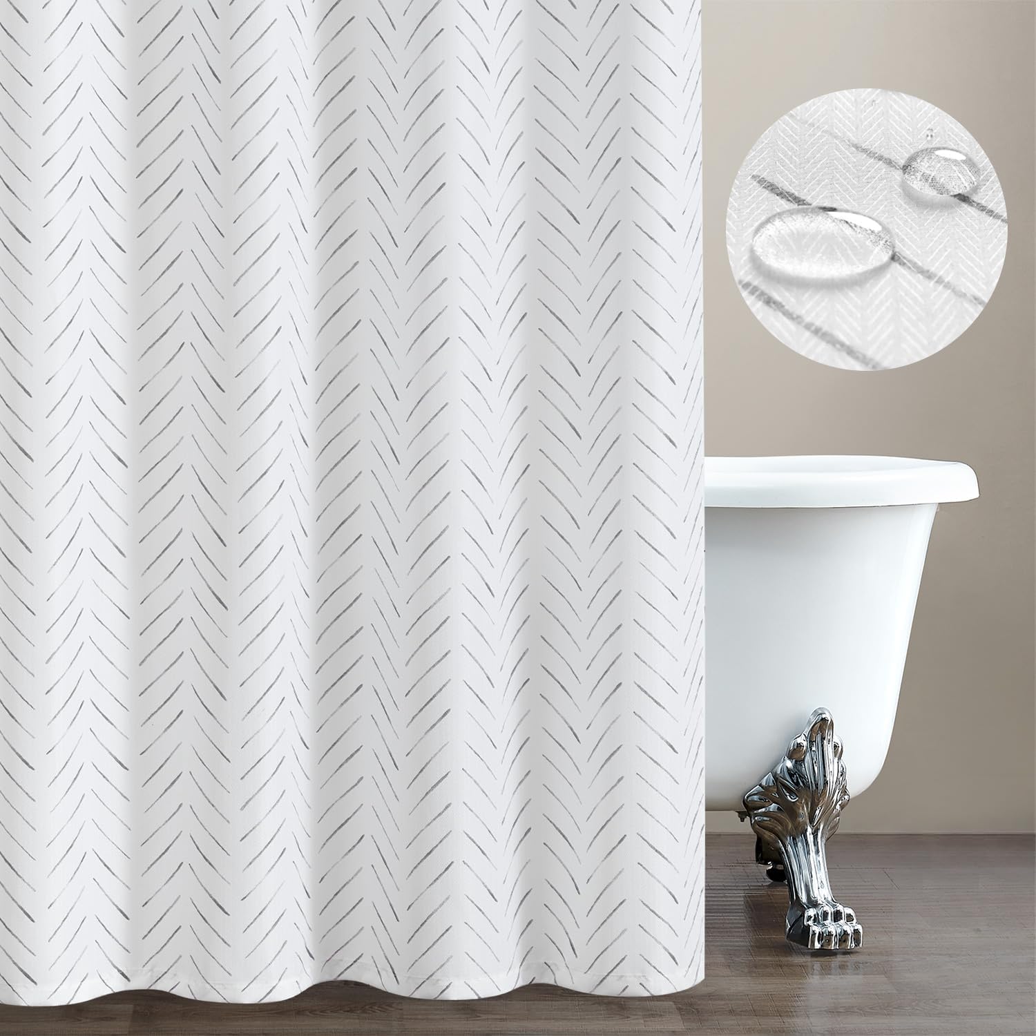 Jinchan Extra Long Grey White Shower Curtain with 12 Hooks 70x84 Inches