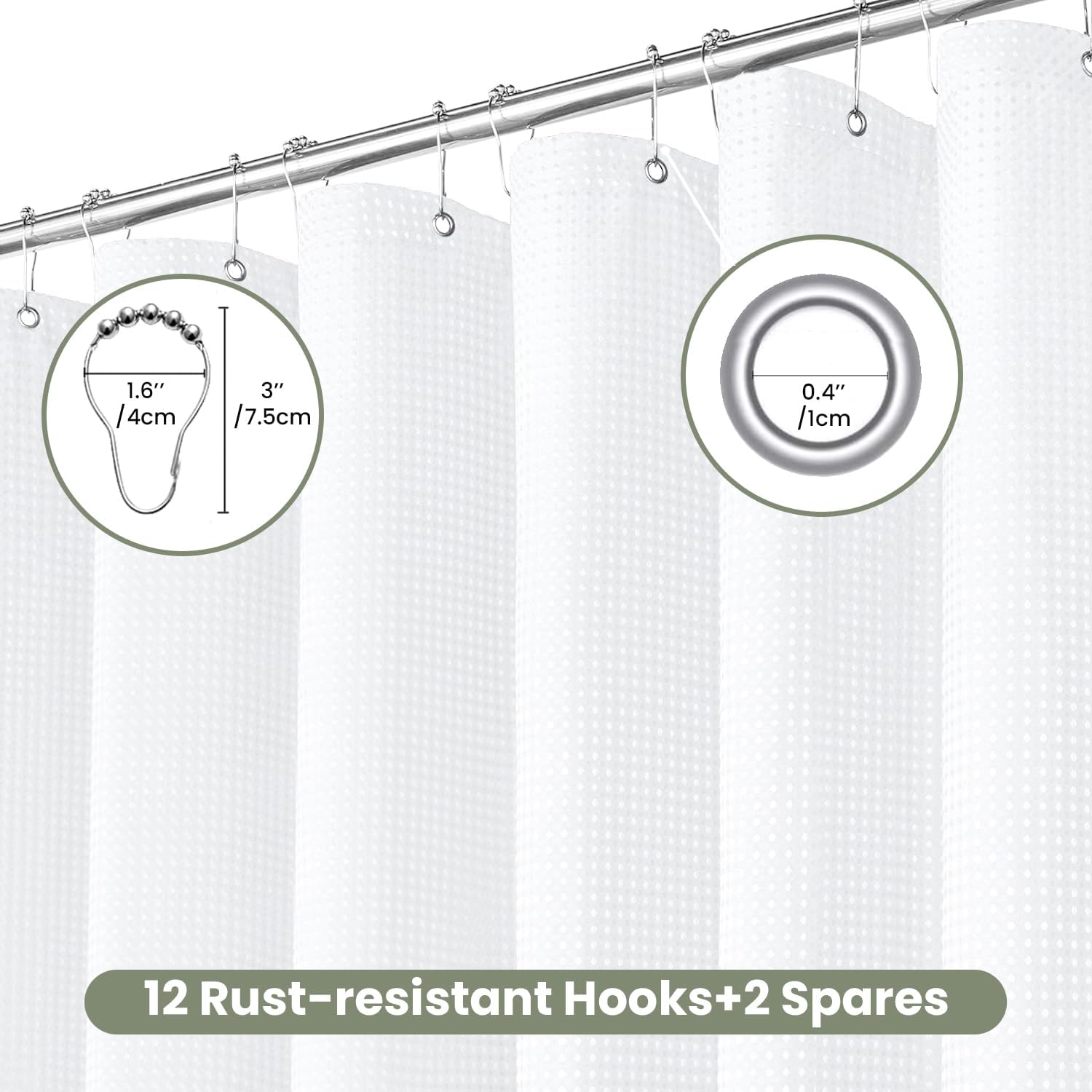 Inhousolu Waffle Shower Curtain Set 72x72 White 230 GSM 14 Metal Hooks