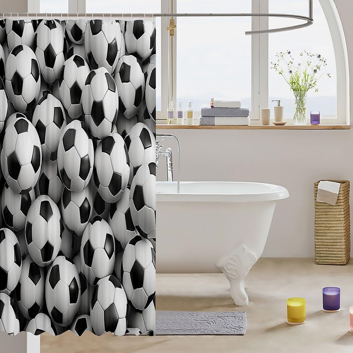 Erosebridal Soccer Shower Curtain Set Black White 72x72 Waterproof