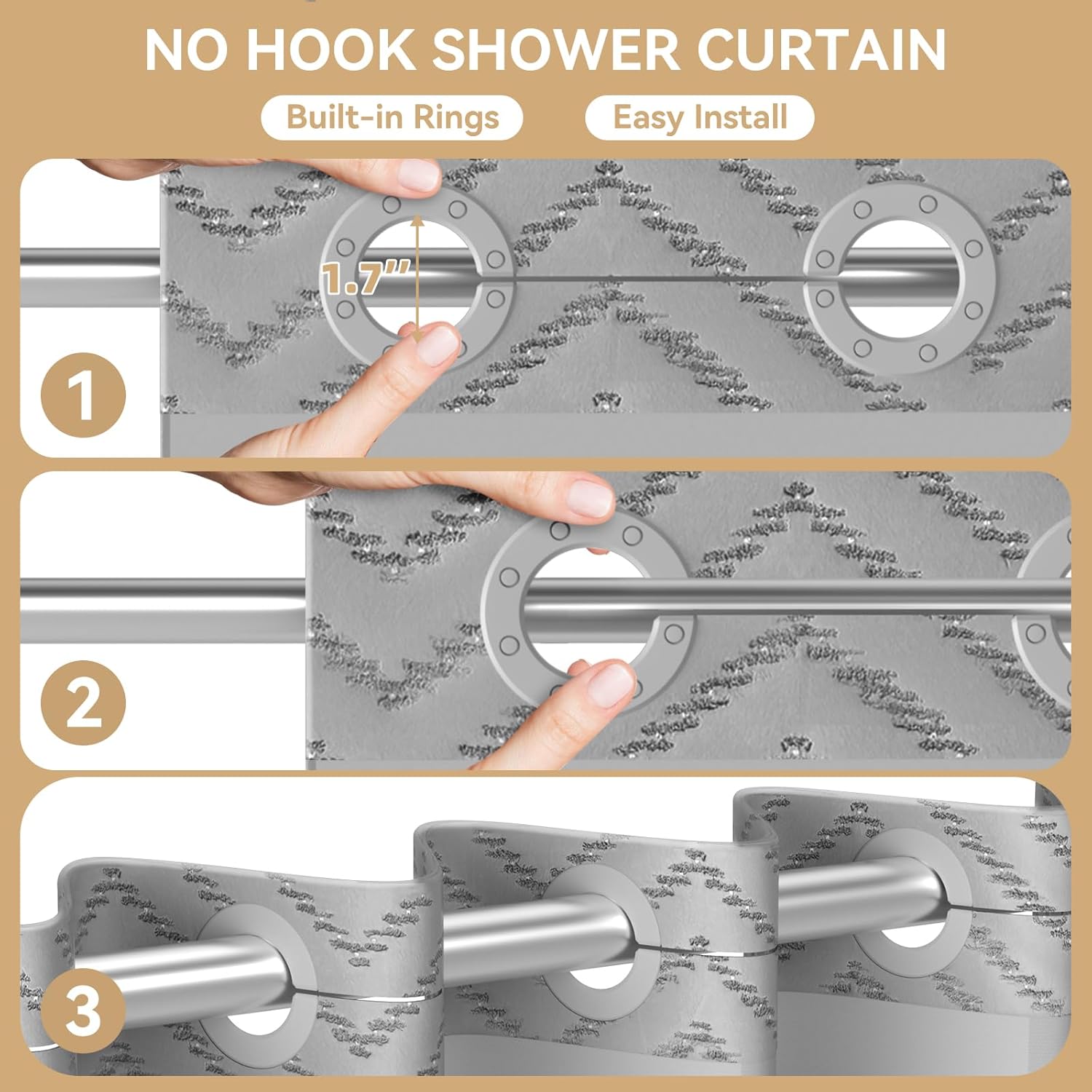 Aikku No Hook Shower Curtain Set Grey Chevron Striped