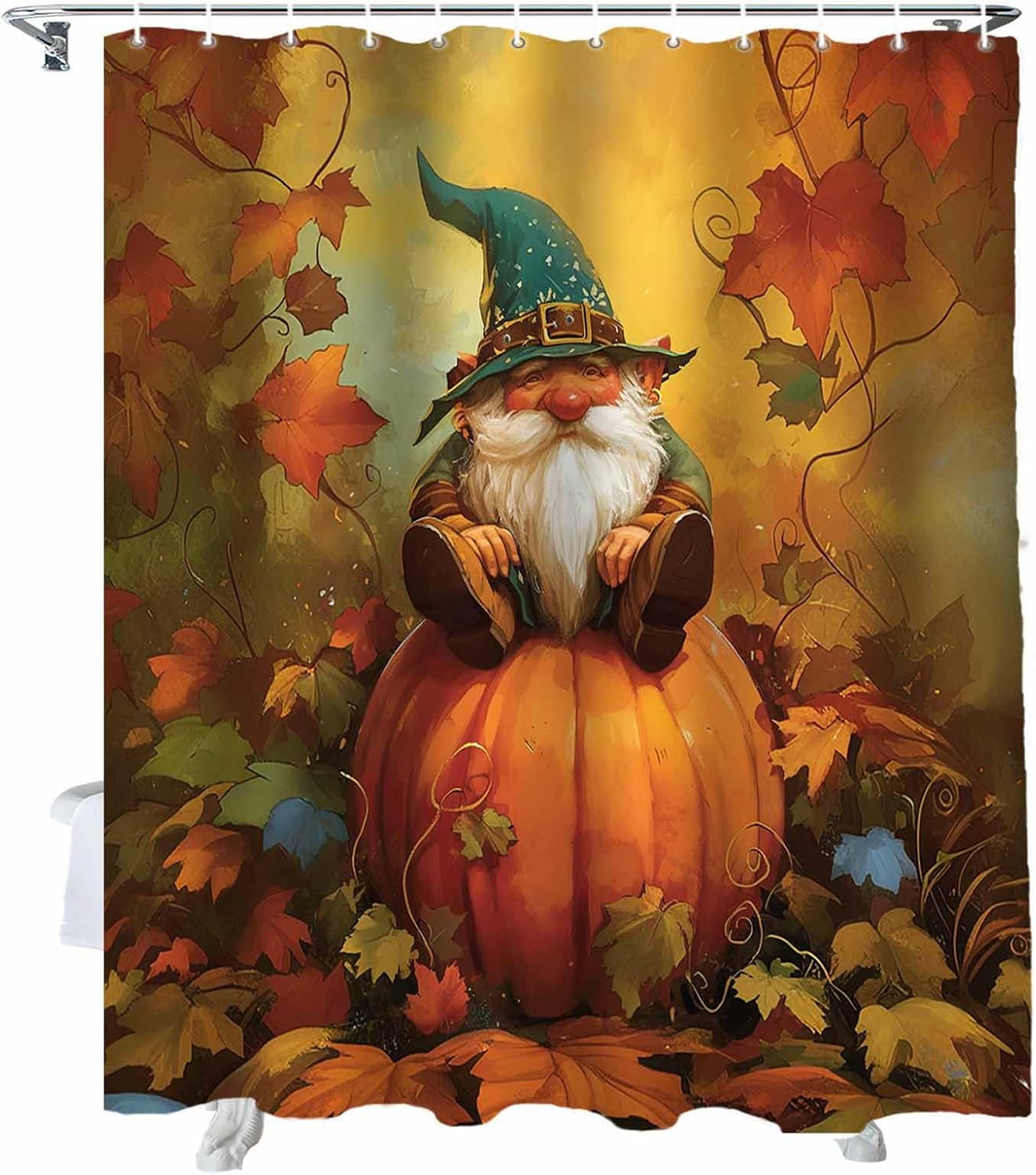 Funnywall88 72x72 Inch Gnome Pumpkin Shower Curtain Set with 12 Hooks