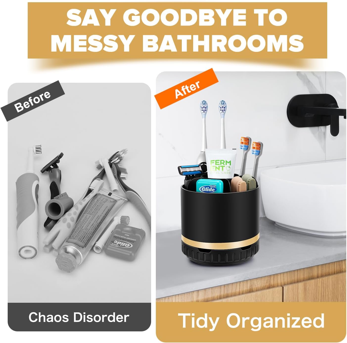 GFWARE Rotating Black Toothbrush Holder with 6 Slots