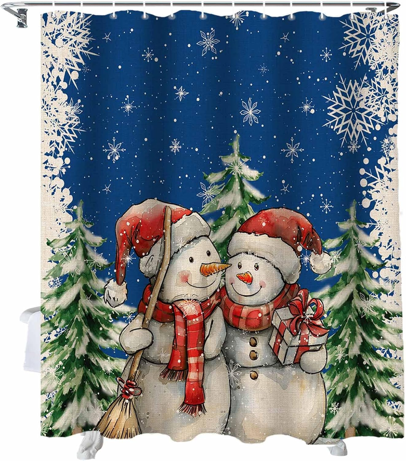 72 Inches Dark Blue Snowmen Shower Curtain Set with 12 Hooks