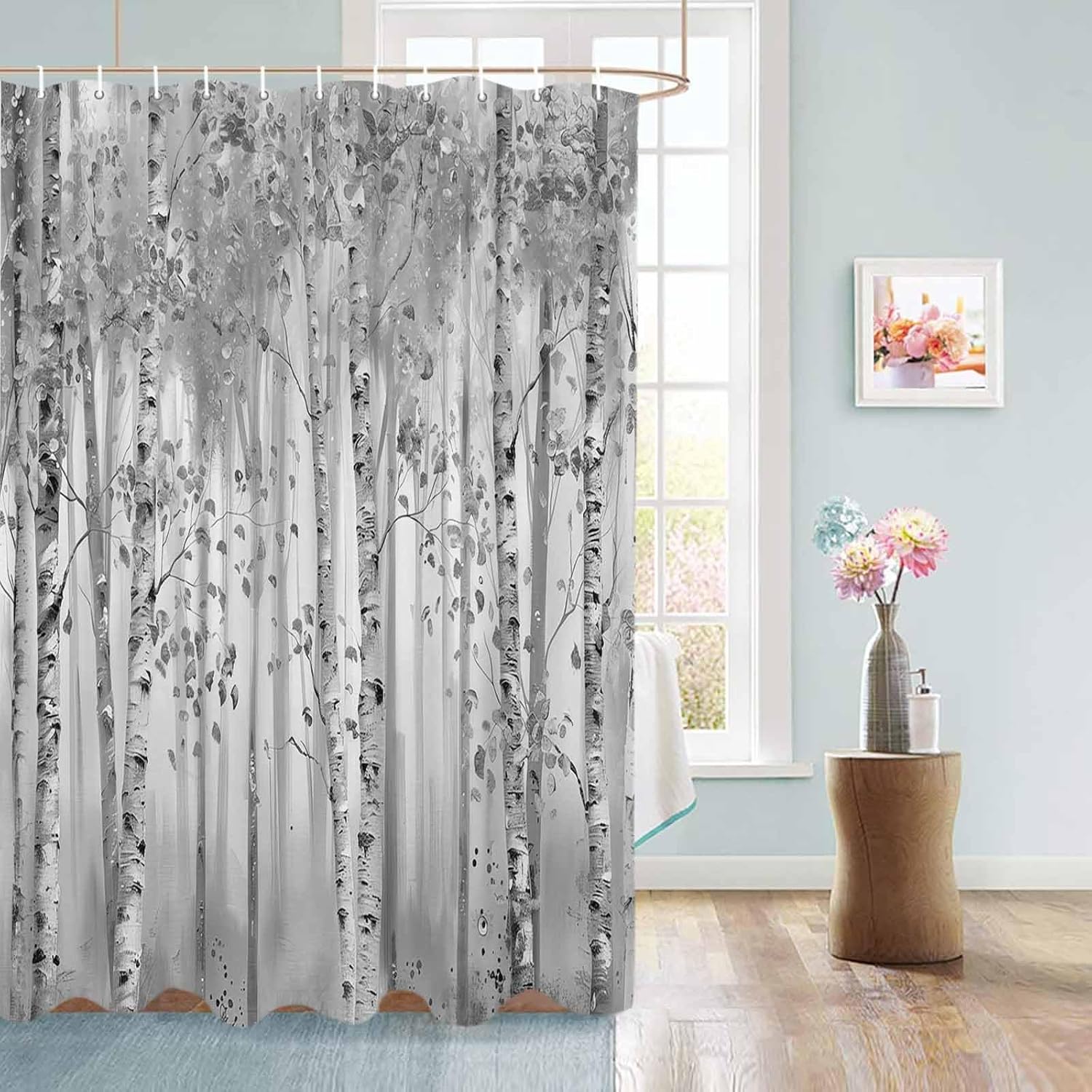 72 Inches Gray Leaf Art Shower Curtain Set with 12 Hooks