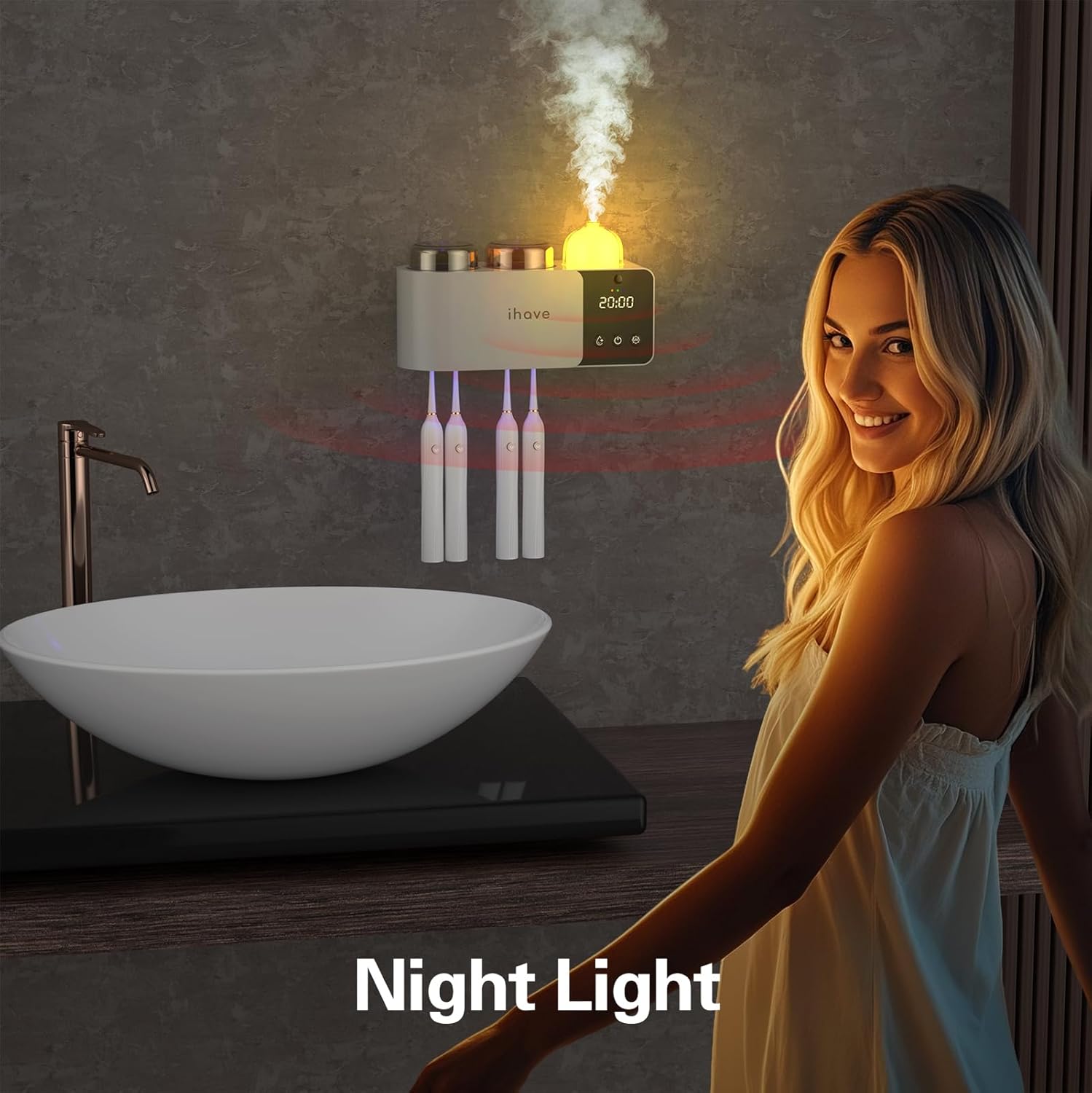 iHave Toothbrush Holder with UV Sanitizer Aromatherapy IR Light 2 Cups