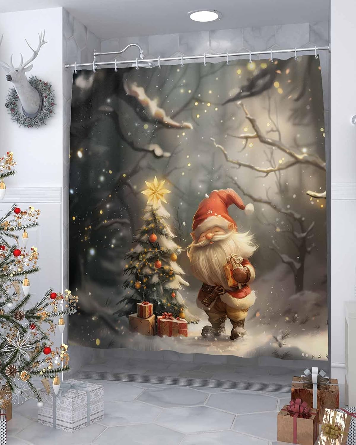 72 Inch Christmas Shower Curtain Set with 12 Hooks