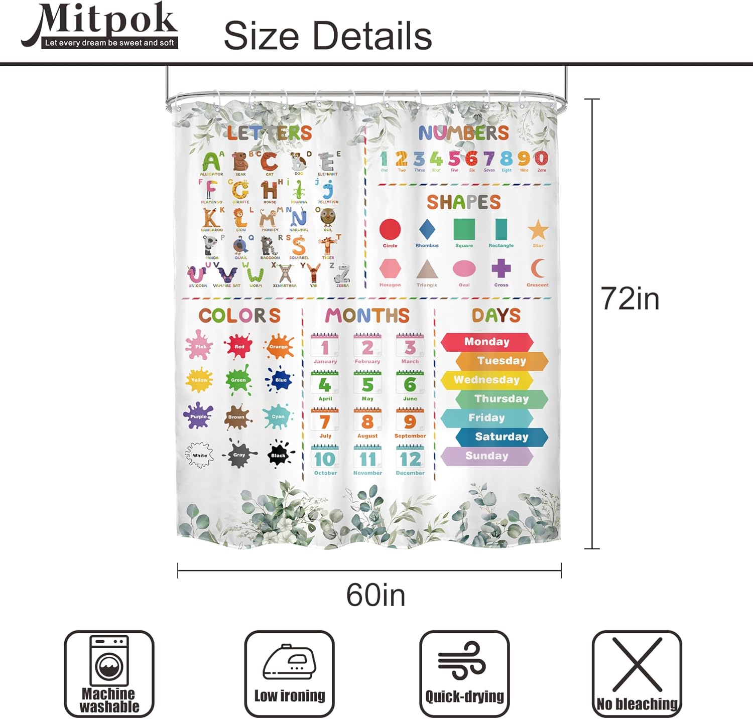 Mitpok Kids Alphabet ABC Cartoon Animal Shower Curtain
