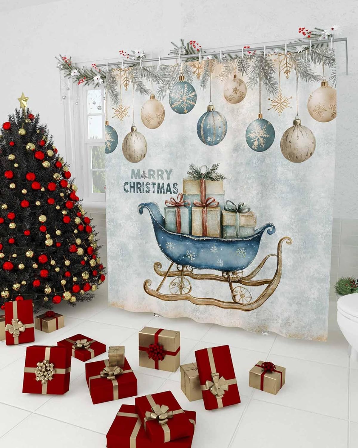 72 Inches Christmas Shower Curtain Set with 12 Hooks 1
