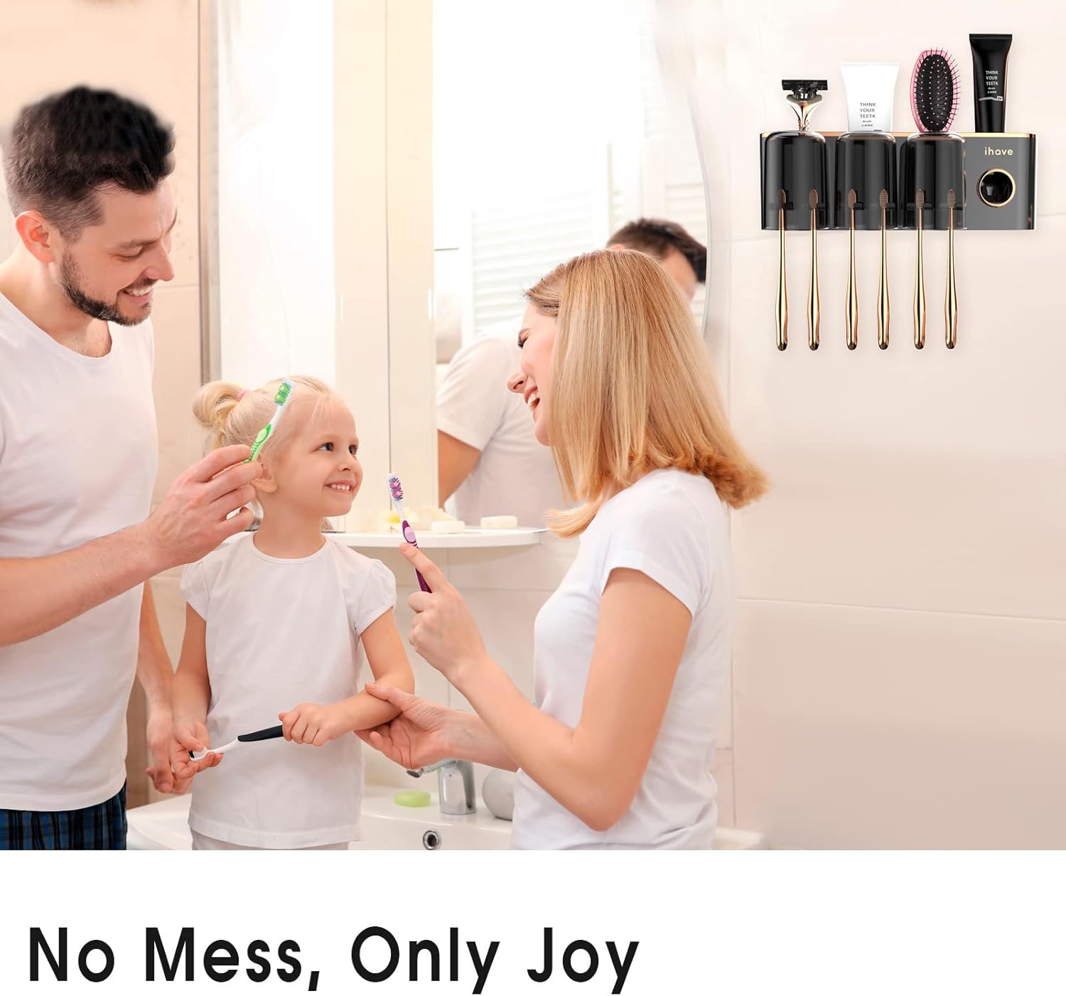 iHave Toothbrush Holder with Toothpaste Dispenser Wall Mounted Bathroom Organizer