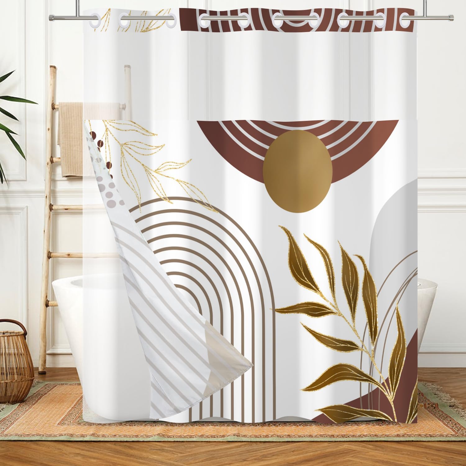DASHAN Gold Boho Shower Curtain Set 71x74 with Snap Liner
