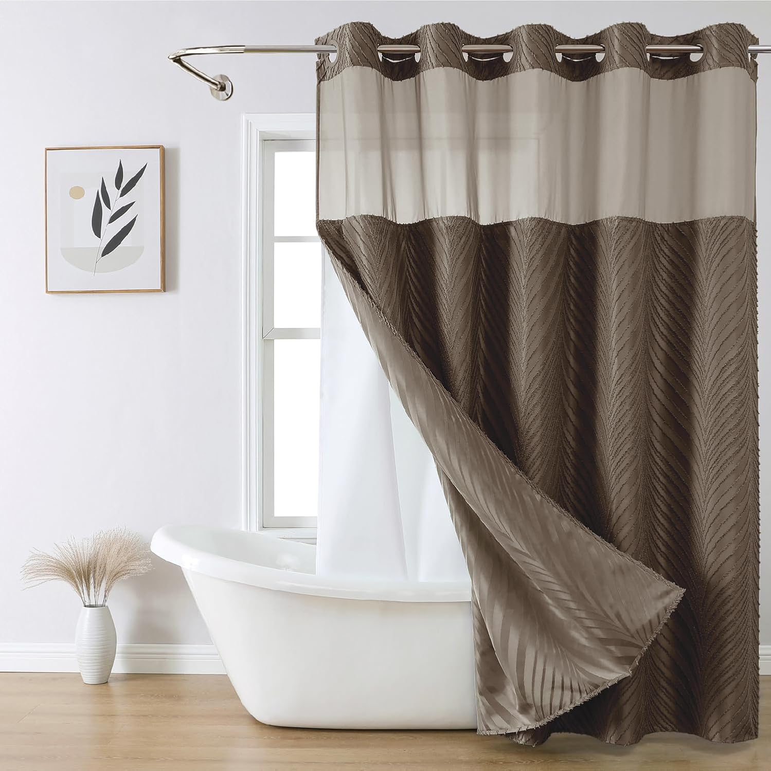 Eachope No Hook Boho Shower Curtain Set with Brown Tufted Stripes