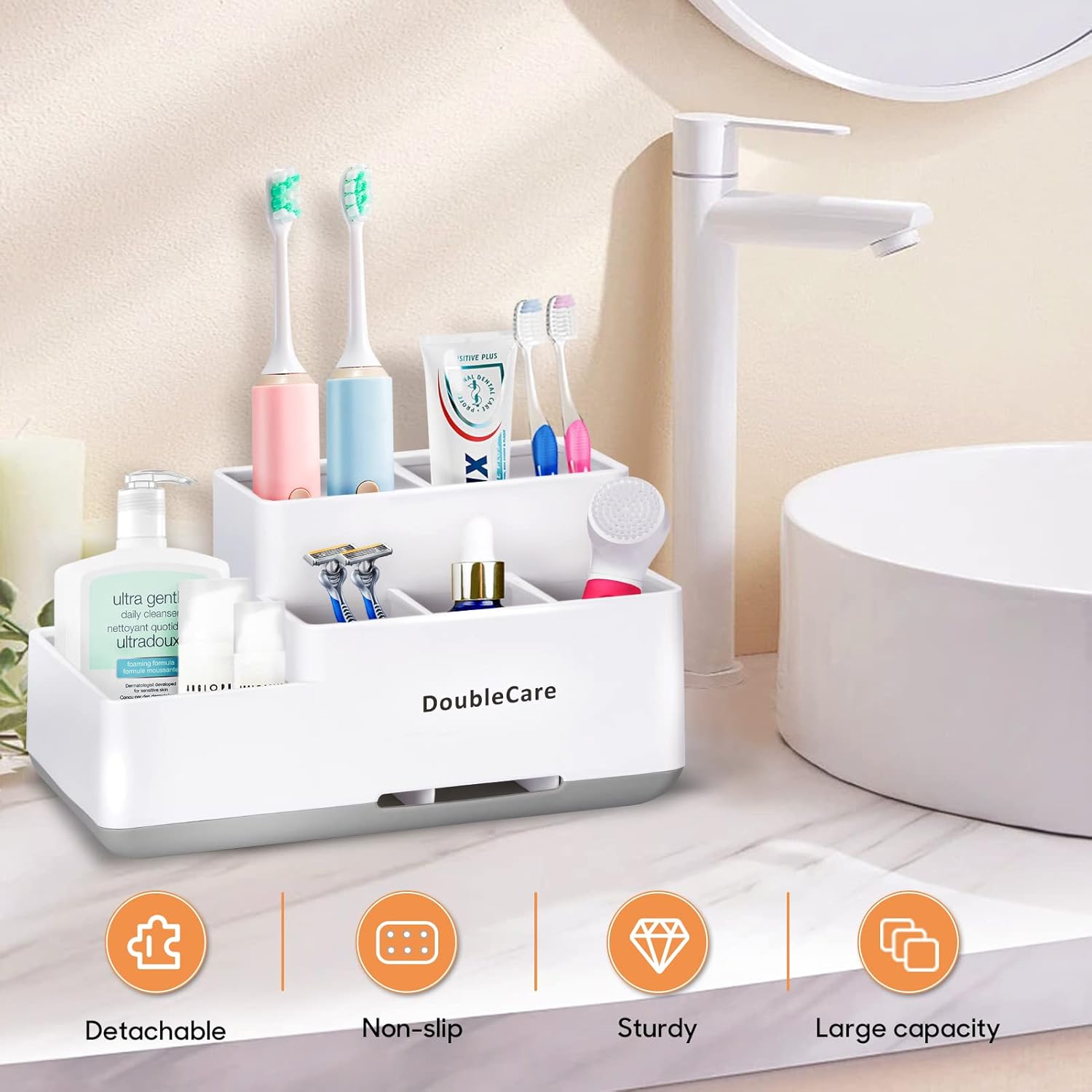 DoubleCare Toothbrush Holder with 5 Compartments Anti-Slip Multifunctional Bathroom Organizer