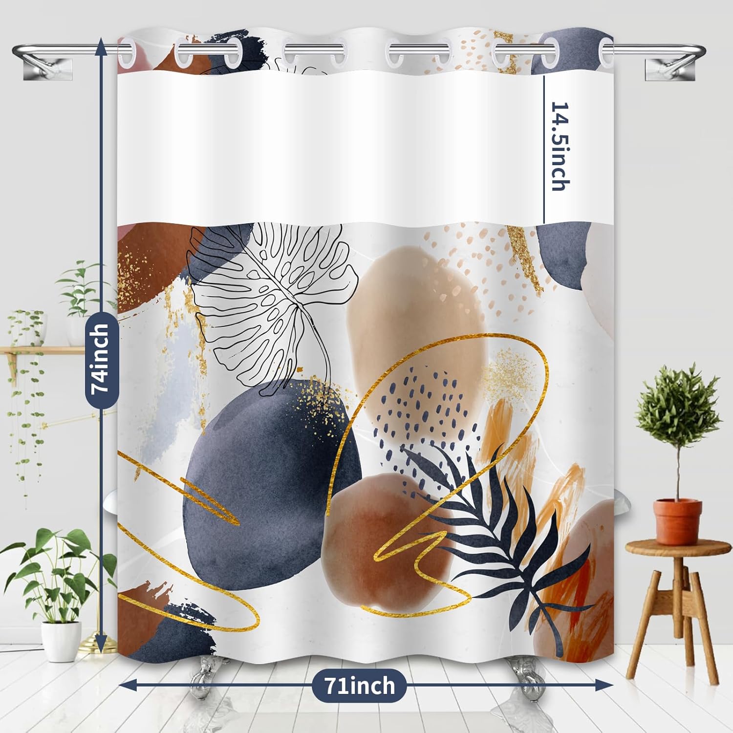 Boho Style Waterproof Shower Curtain with Mesh Top 71x74 In