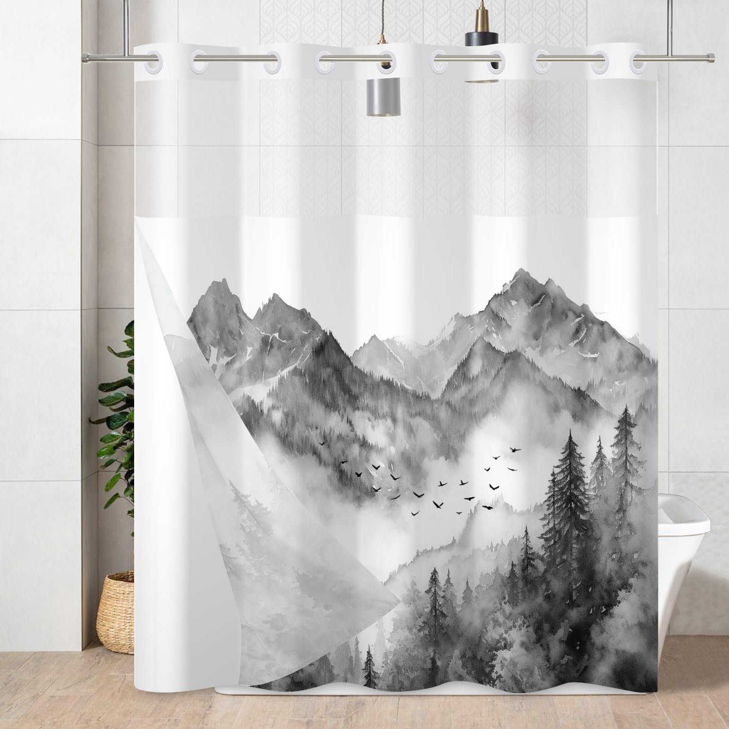 AWERT Forest Grey No Hook Shower Curtain with Liner