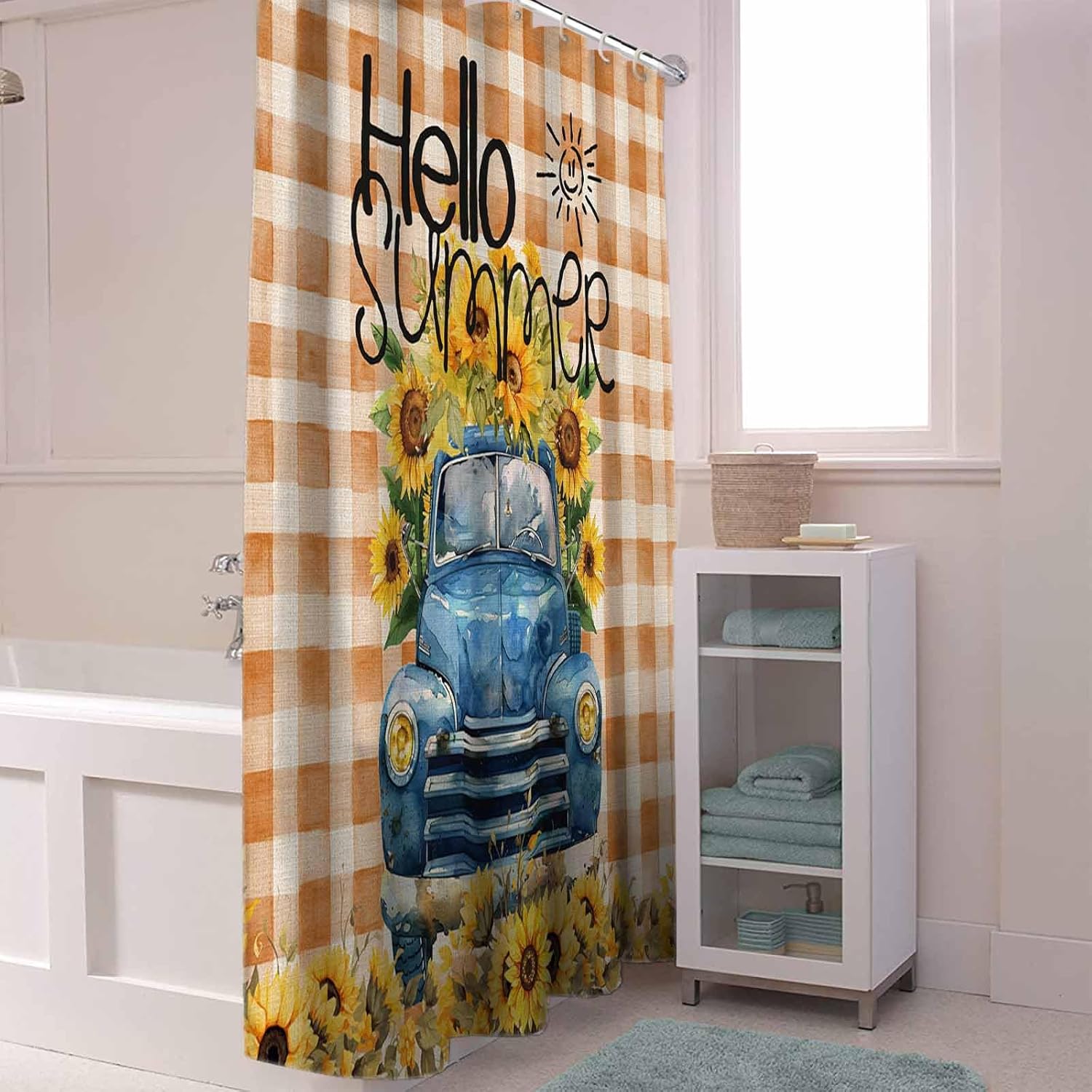 Funnywall88 72 Inches Sunflower Blue Buffalo Plaid Shower Curtain Set with 12 Hooks