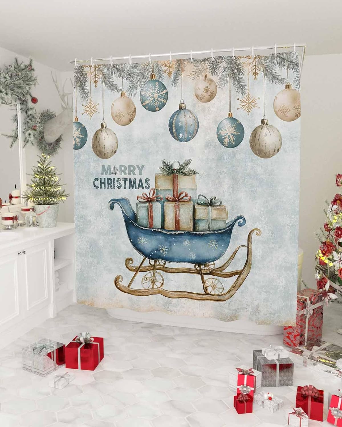 72 Inches Christmas Shower Curtain Set with 12 Hooks 1