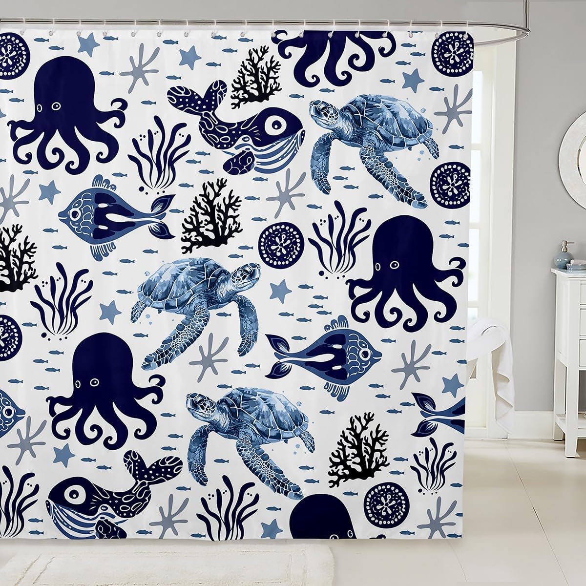 Feelyou Sea Turtle Bath Curtain Set Blue White
