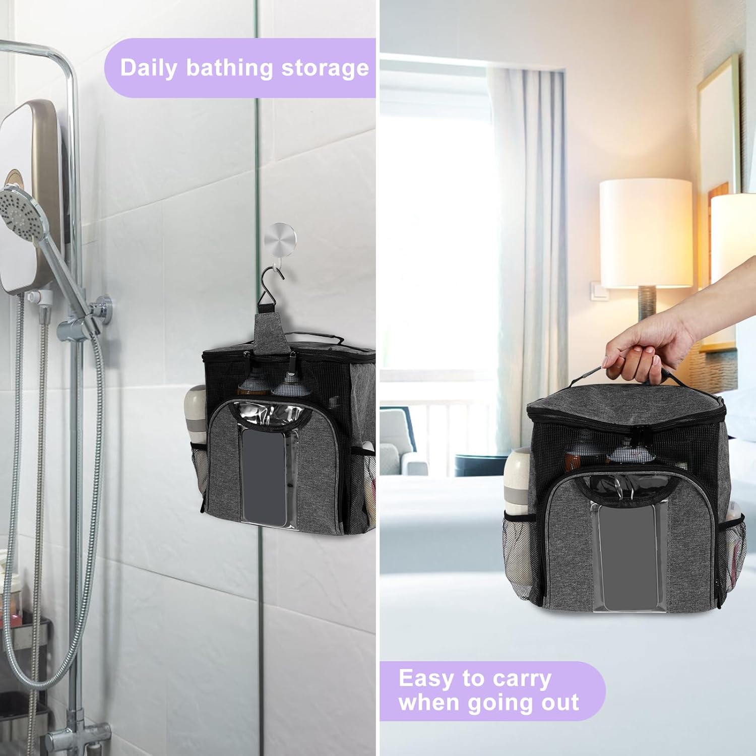 Portable Shower Caddy for Dorm Bathroom and Travel - Grey