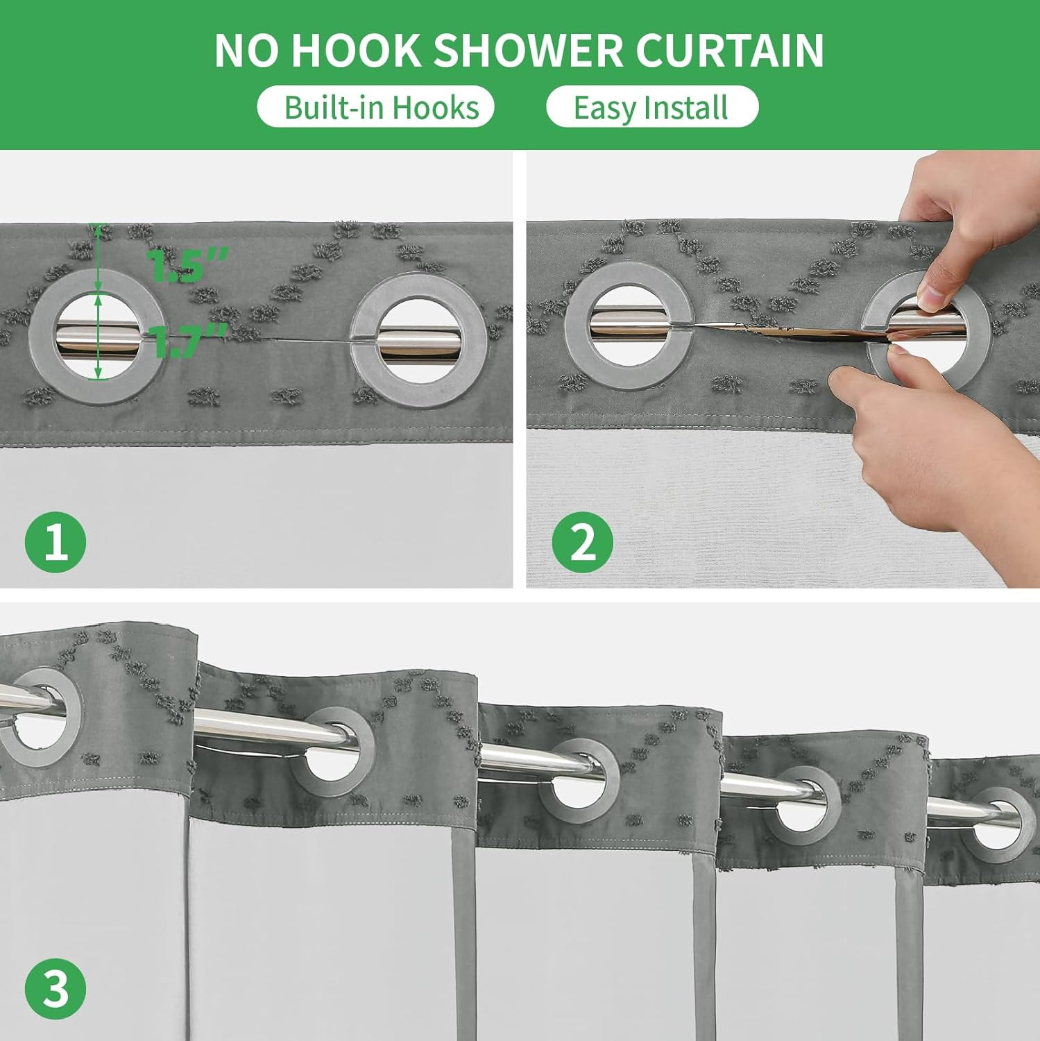Grey No Hook Shower Curtain Set with Chevrons See-Through Window