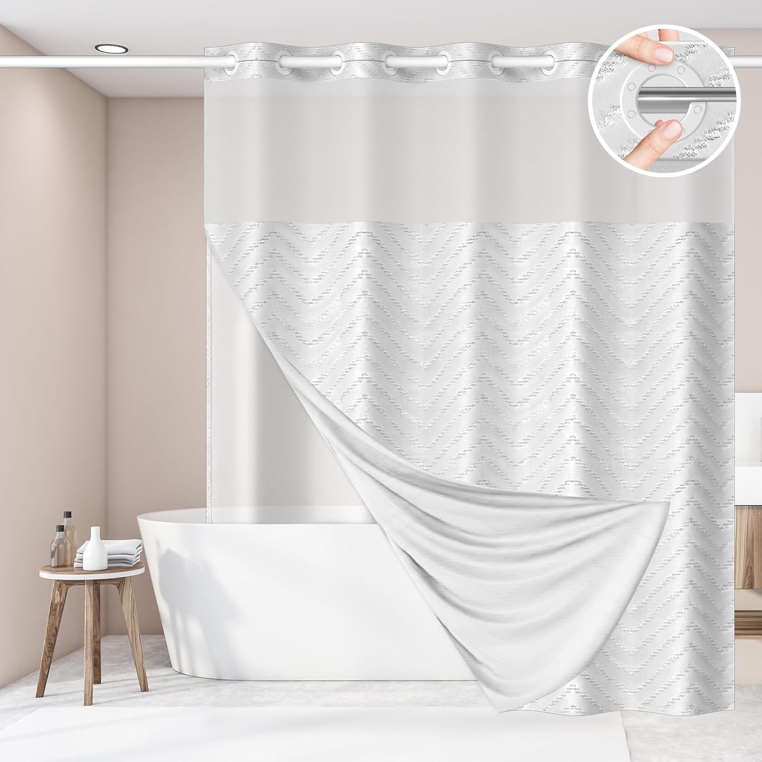 Aikku No Hook Shower Curtain Set with Mesh Top