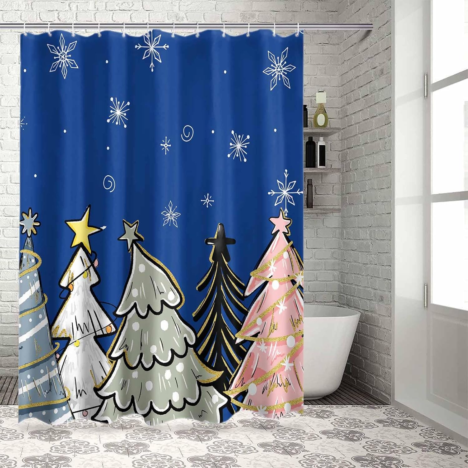 72 Inch Christmas Tree Shower Curtain Set with 12 Hooks