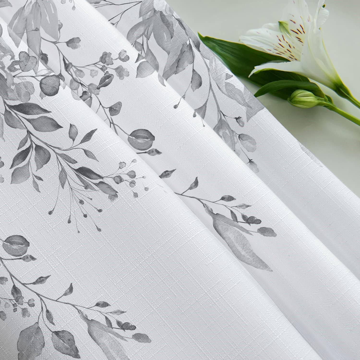 Tititex Grey Leaves Faux Linen Shower Curtain Set 72x72 with Hooks 1