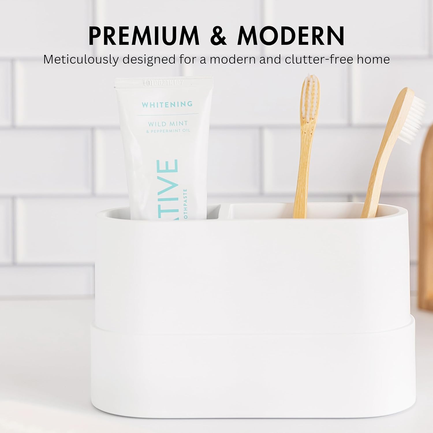 Matte White Toothbrush and Toothpaste Holder with 2 Compartments