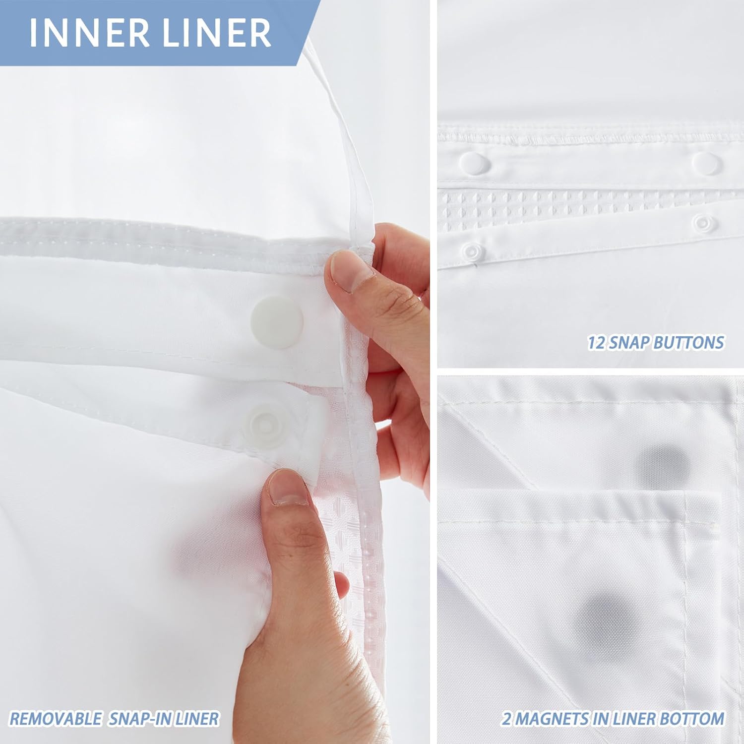 Furlinic No Hook Shower Curtain Set with Snap Liner and Magnets