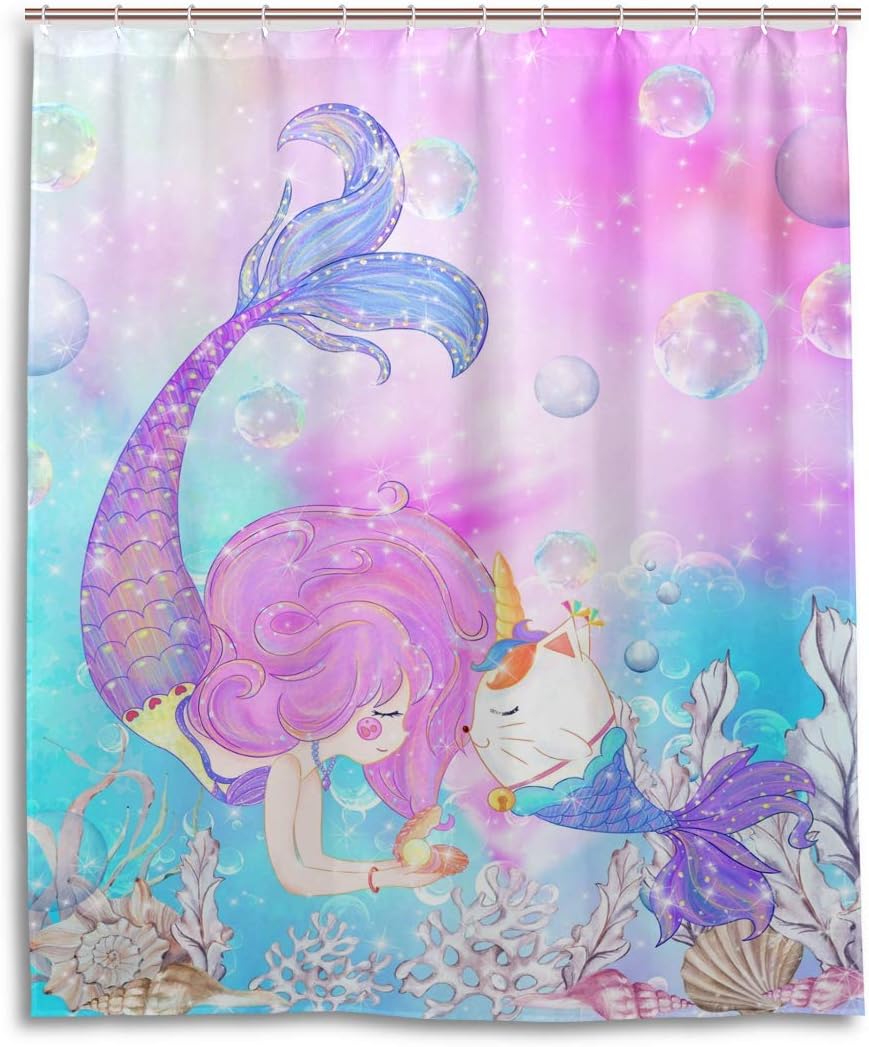 ZOEO Girls Mermaid Shower Curtain with Unicorn Cat Design