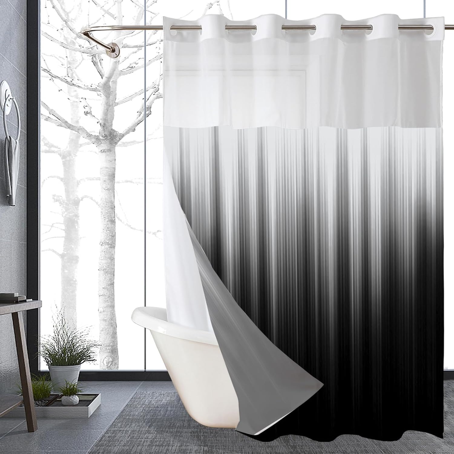 QeHoelyfe Ombre Black Shower Curtain with Snap Liner