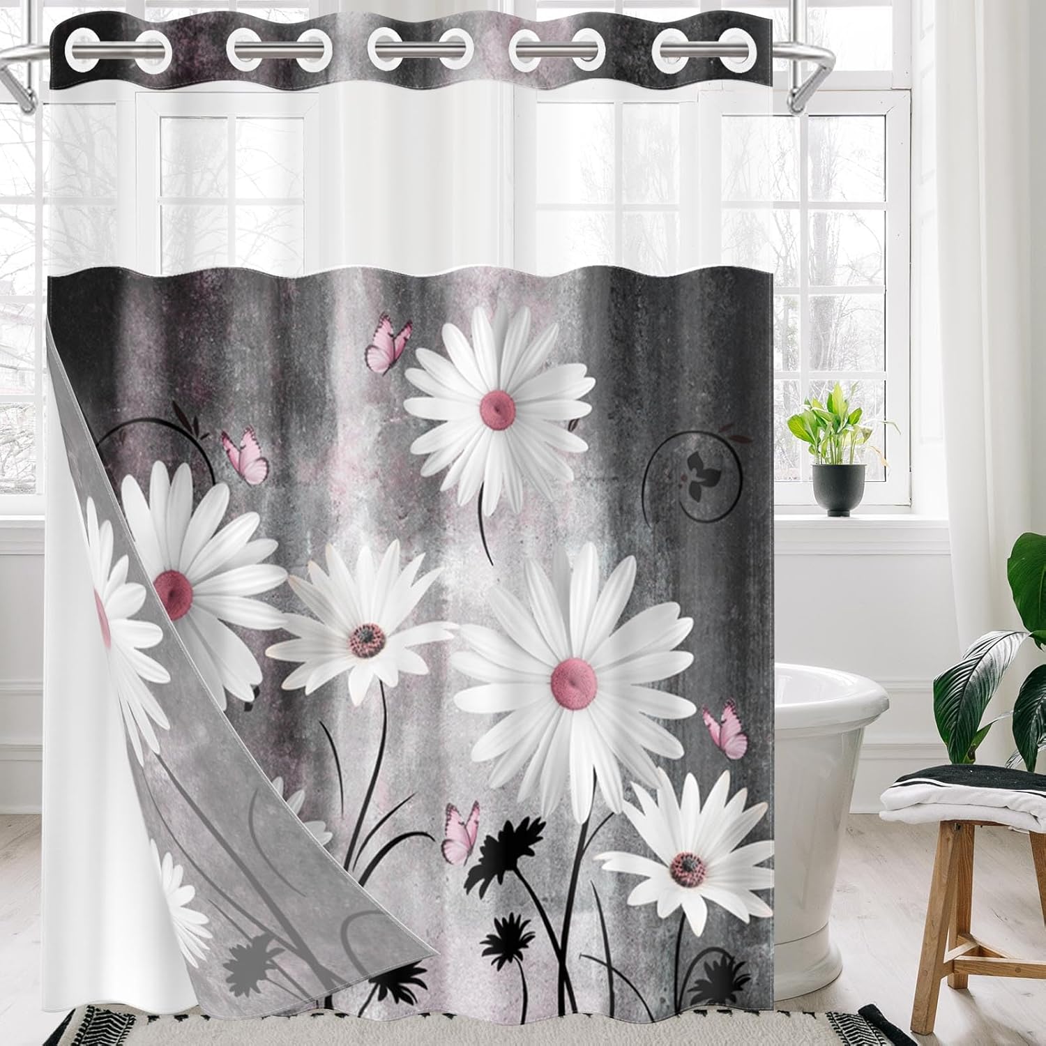 Nesphy Pink White Daisy Butterfly Shower Curtain Set
