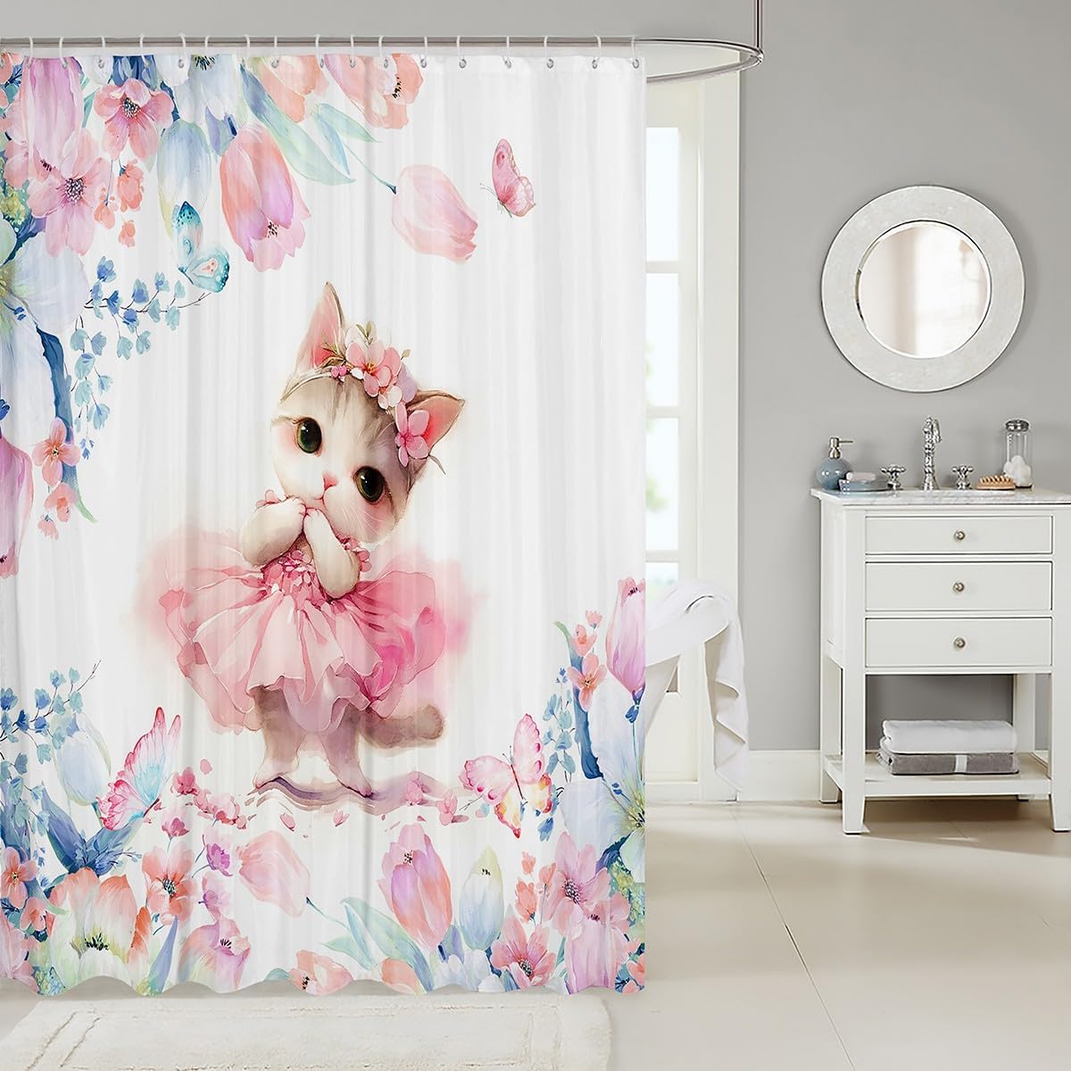 Feelyou Kids Kawaii Cat Shower Curtain Set