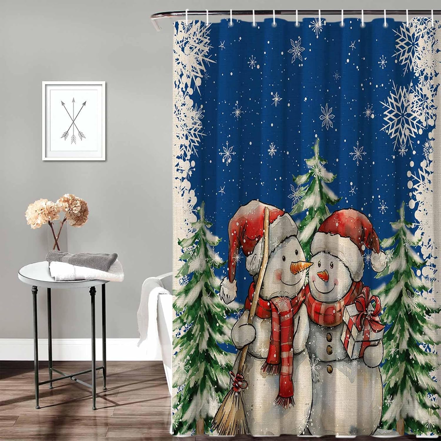 72 Inches Dark Blue Snowmen Shower Curtain Set with 12 Hooks