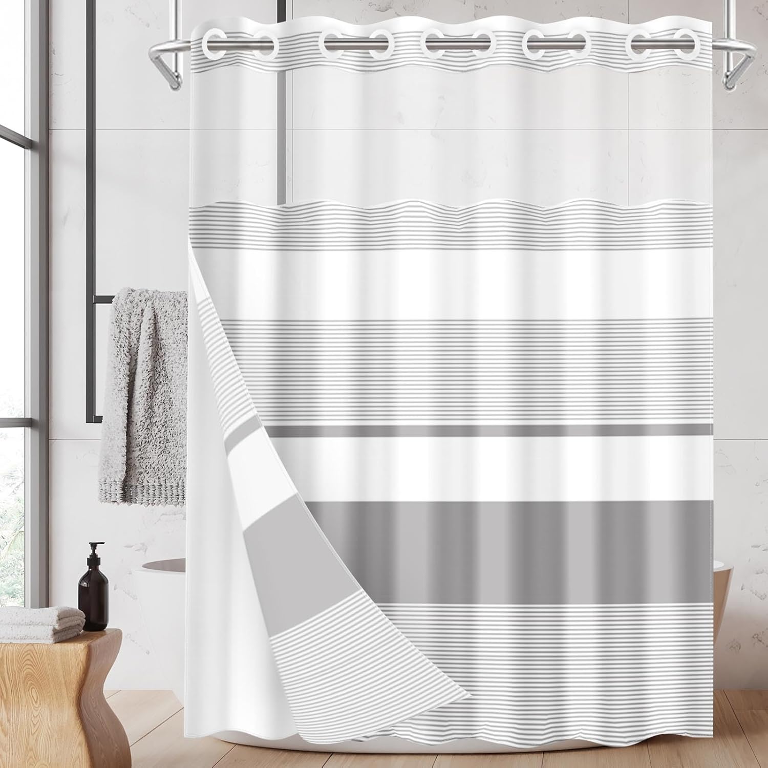 Nesphy No Hook Grey Shower Curtain Set