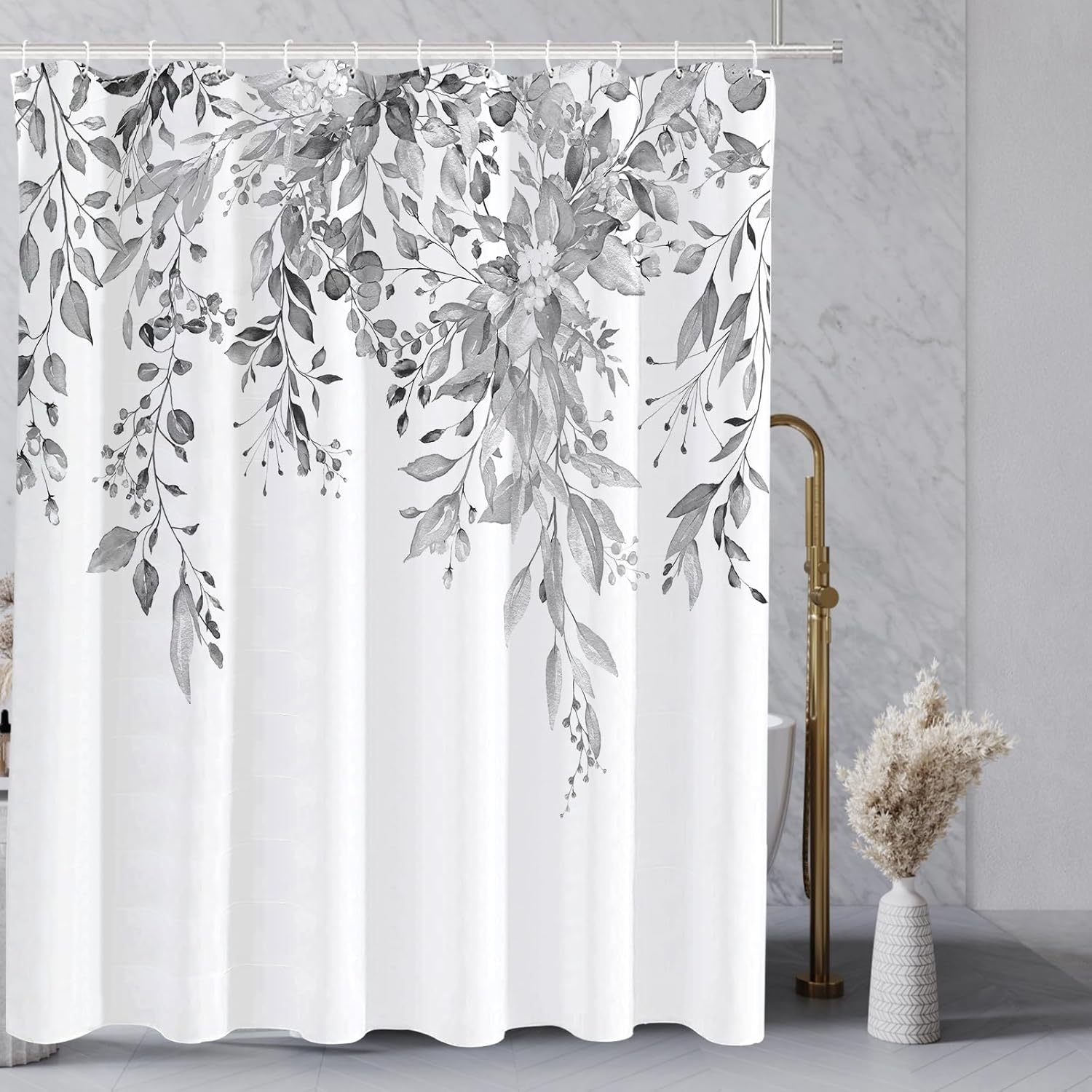 Tititex Grey Leaves Faux Linen Shower Curtain Set 72x72 with Hooks 1