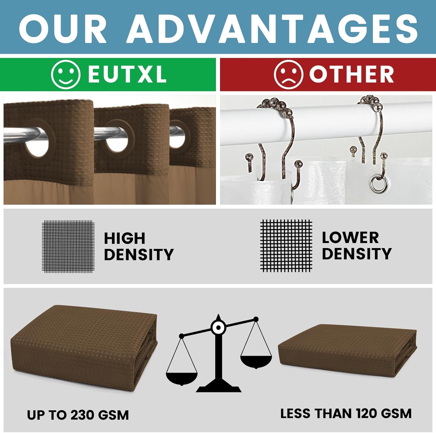 EUTXL Brown Waffle Shower Curtain with Snap Liner
