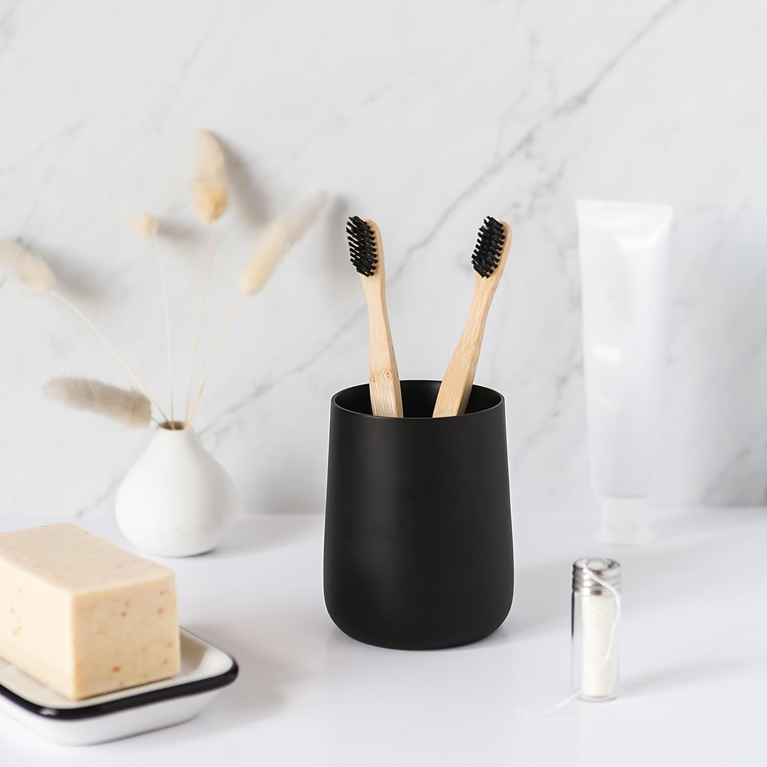 Matte Black Toothbrush Holder with Cup and Floss Rack