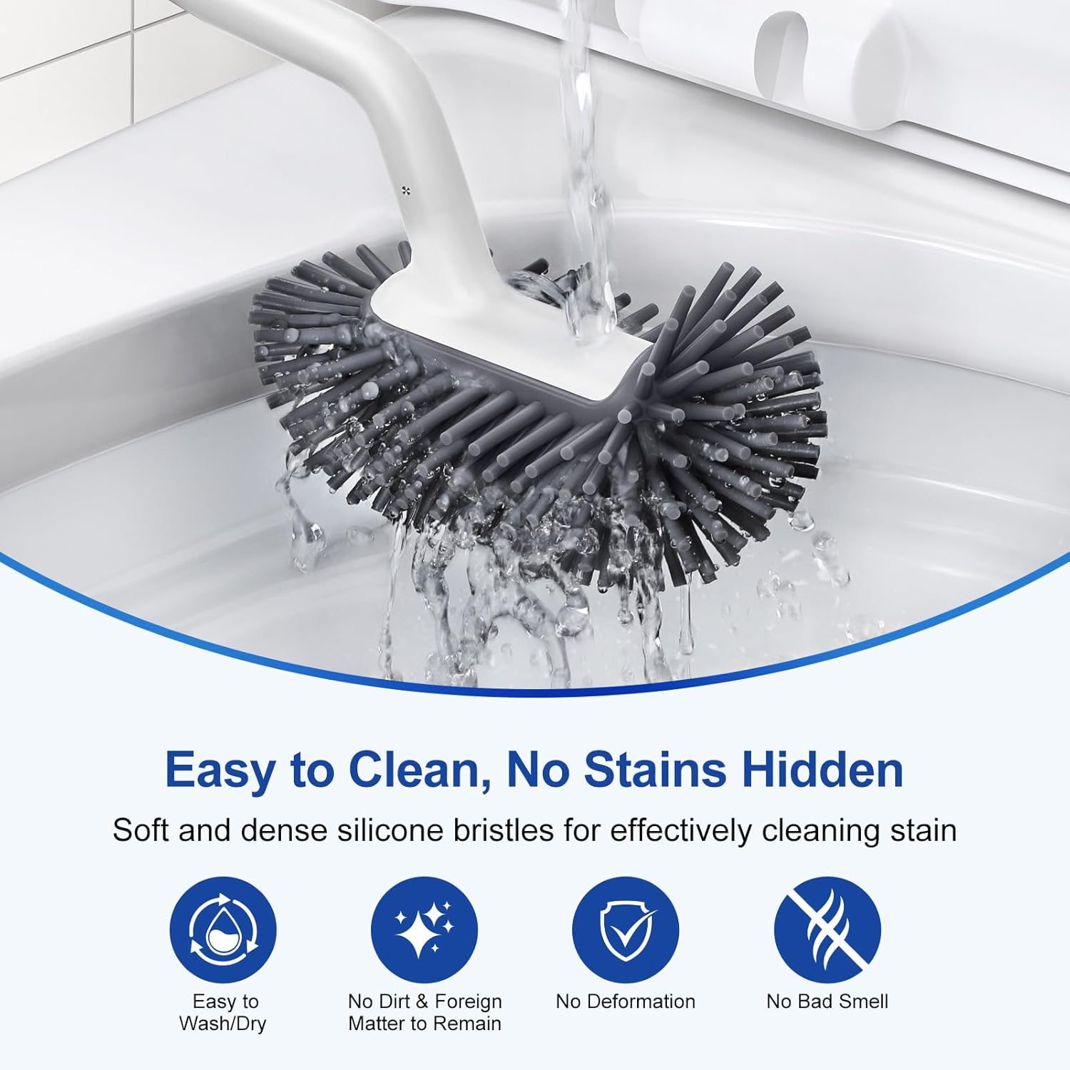 HAMITOR Toilet Brush Holder Set with Silicone Head and Curved Bristles - White