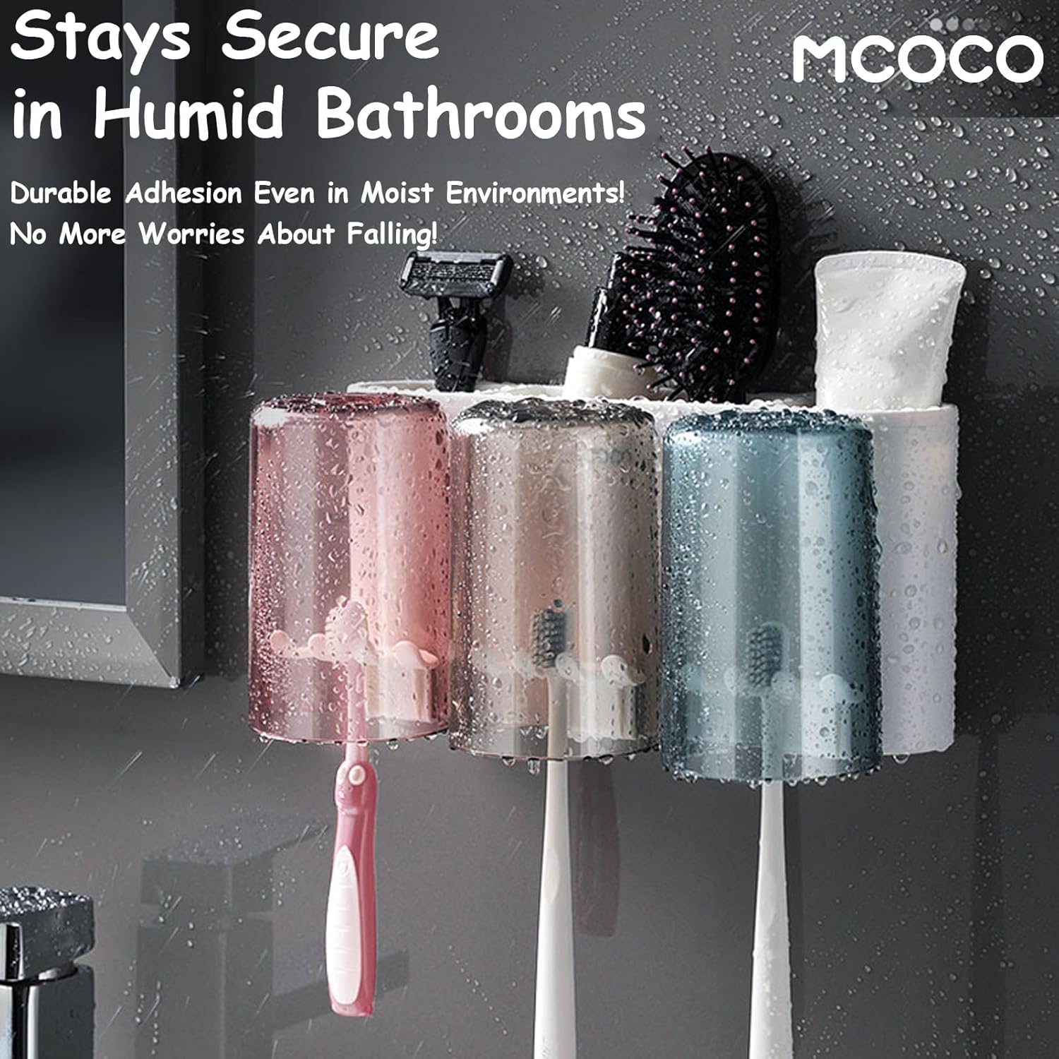 MCOCO Wall Mounted Toothbrush Holder with 2 Cups and 4 Slots