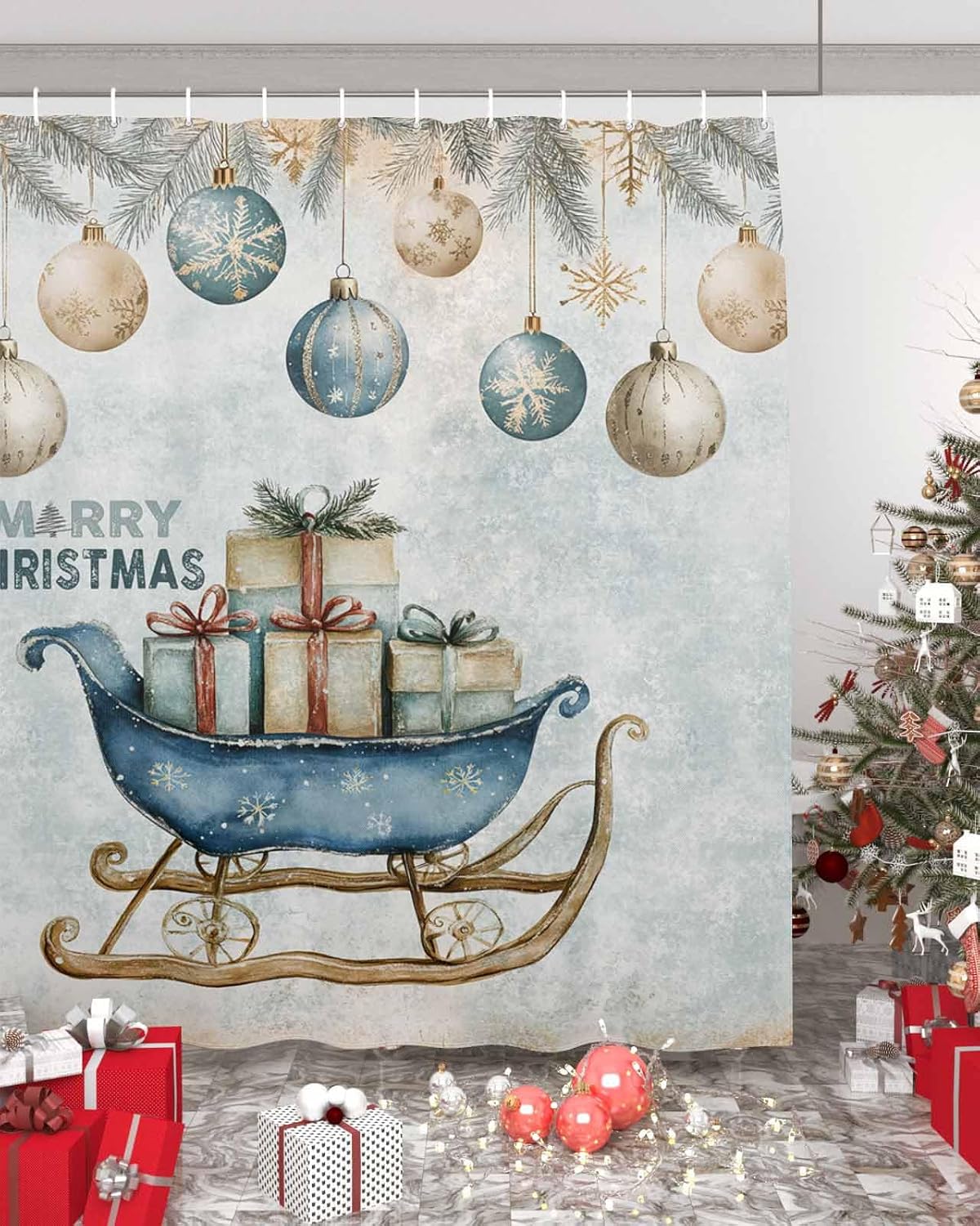 72 Inches Christmas Shower Curtain Set with 12 Hooks 1