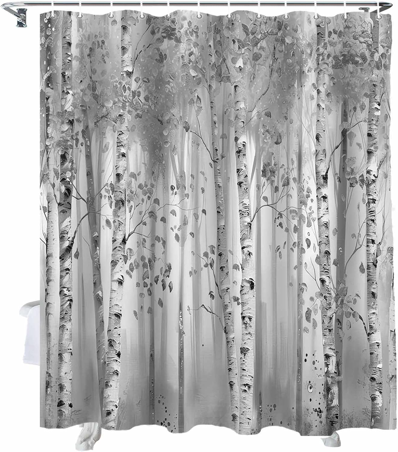 72 Inches Gray Leaf Art Shower Curtain Set with 12 Hooks