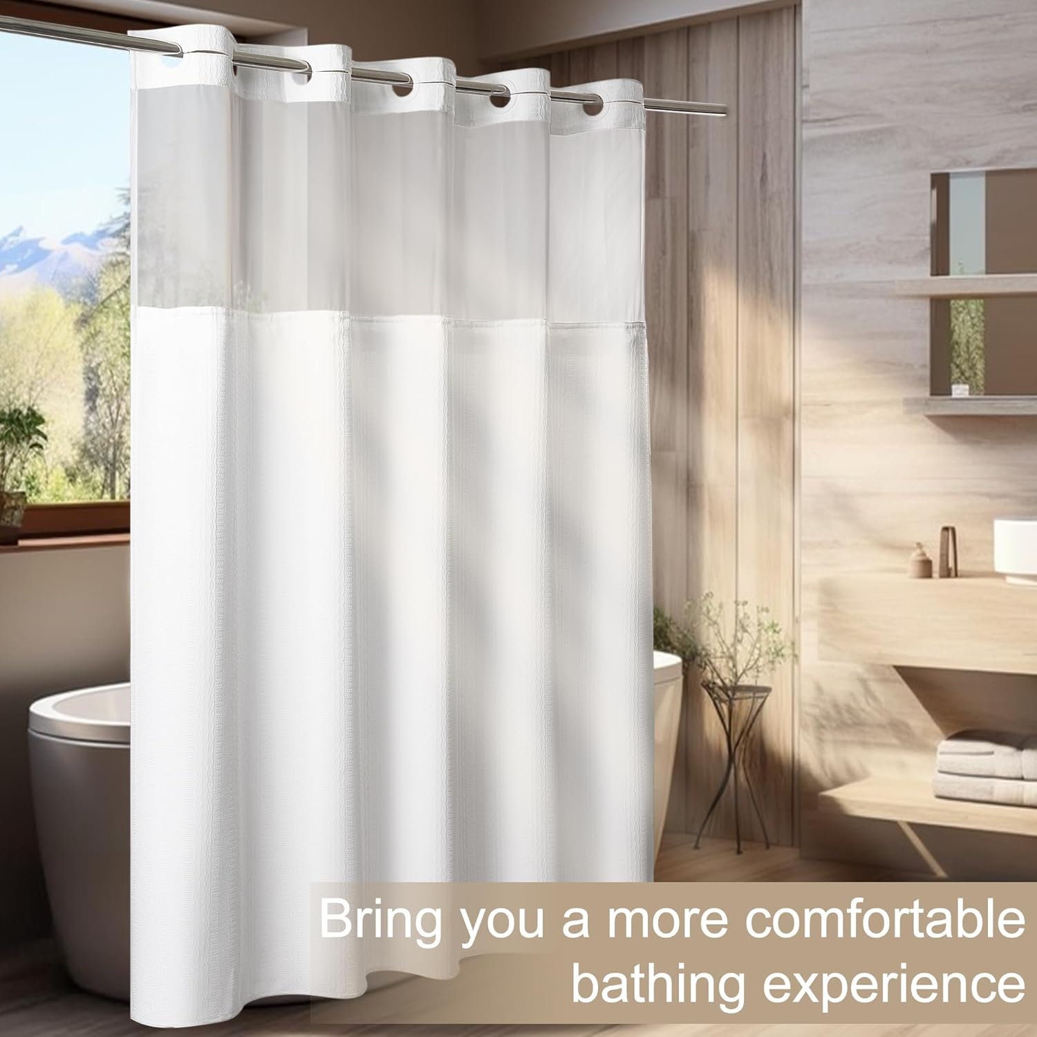 Wyljljy No Hook Shower Curtain Set 71x86 White Waffle