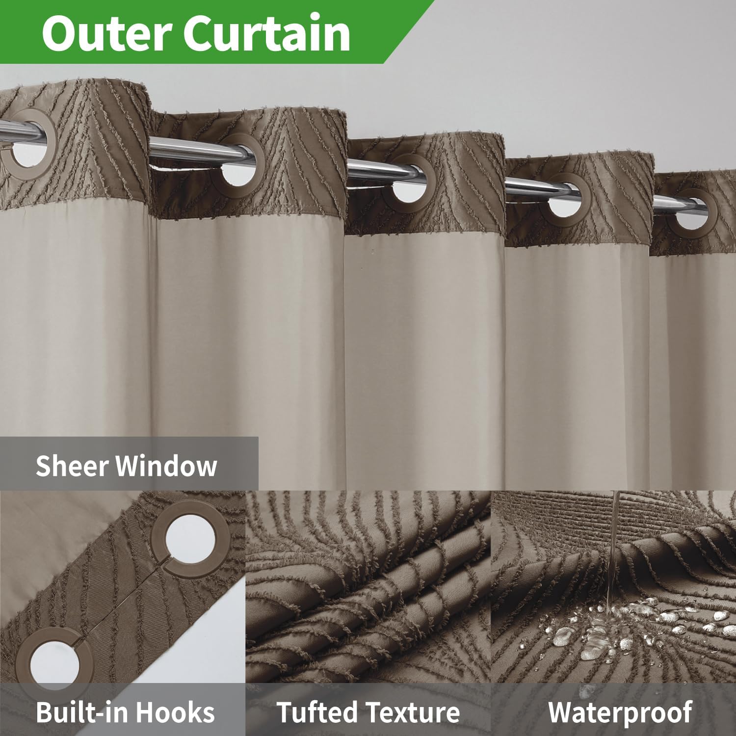 Eachope No Hook Boho Shower Curtain Set with Brown Tufted Stripes