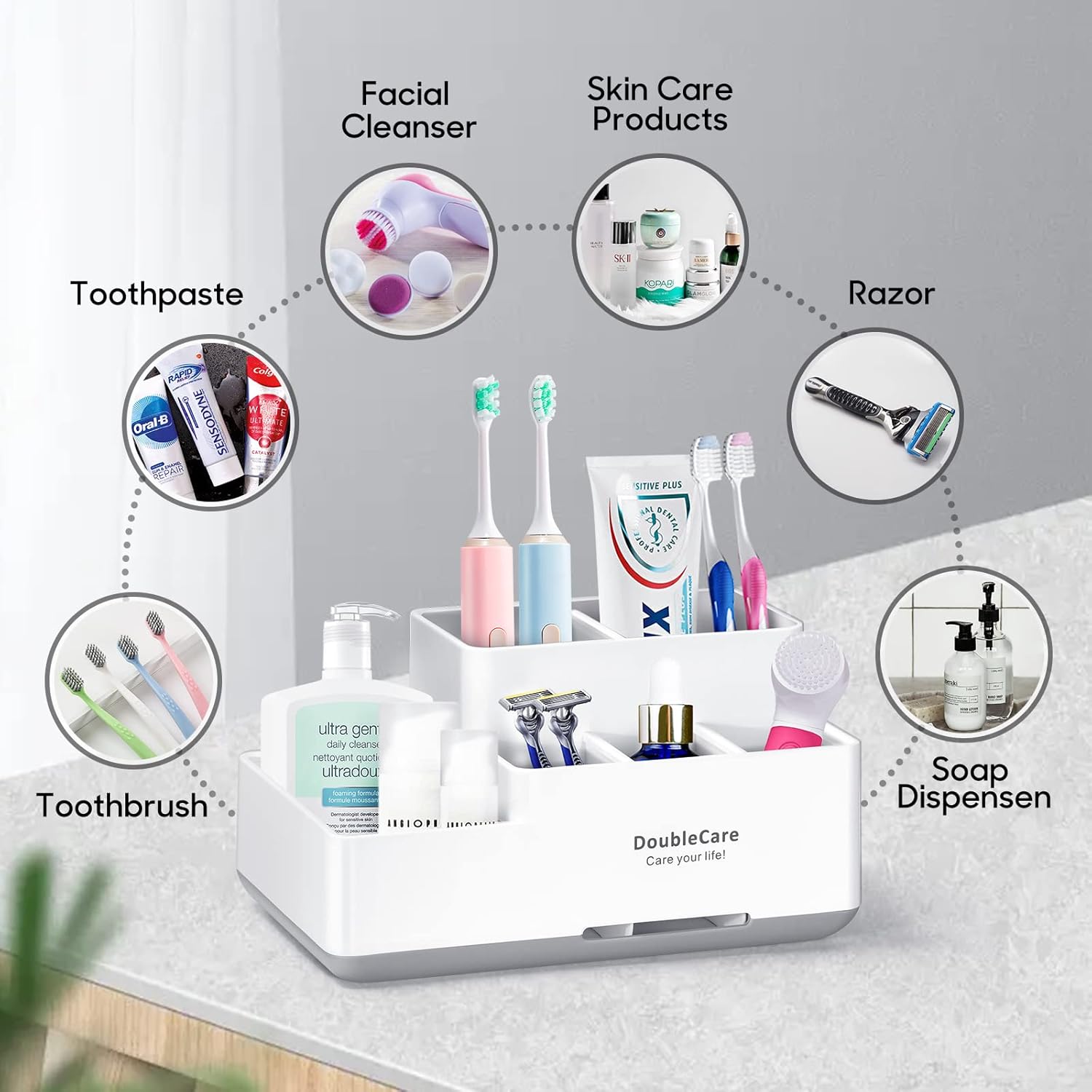 DoubleCare Toothbrush Holder with 5 Compartments Anti-Slip Multifunctional Bathroom Organizer