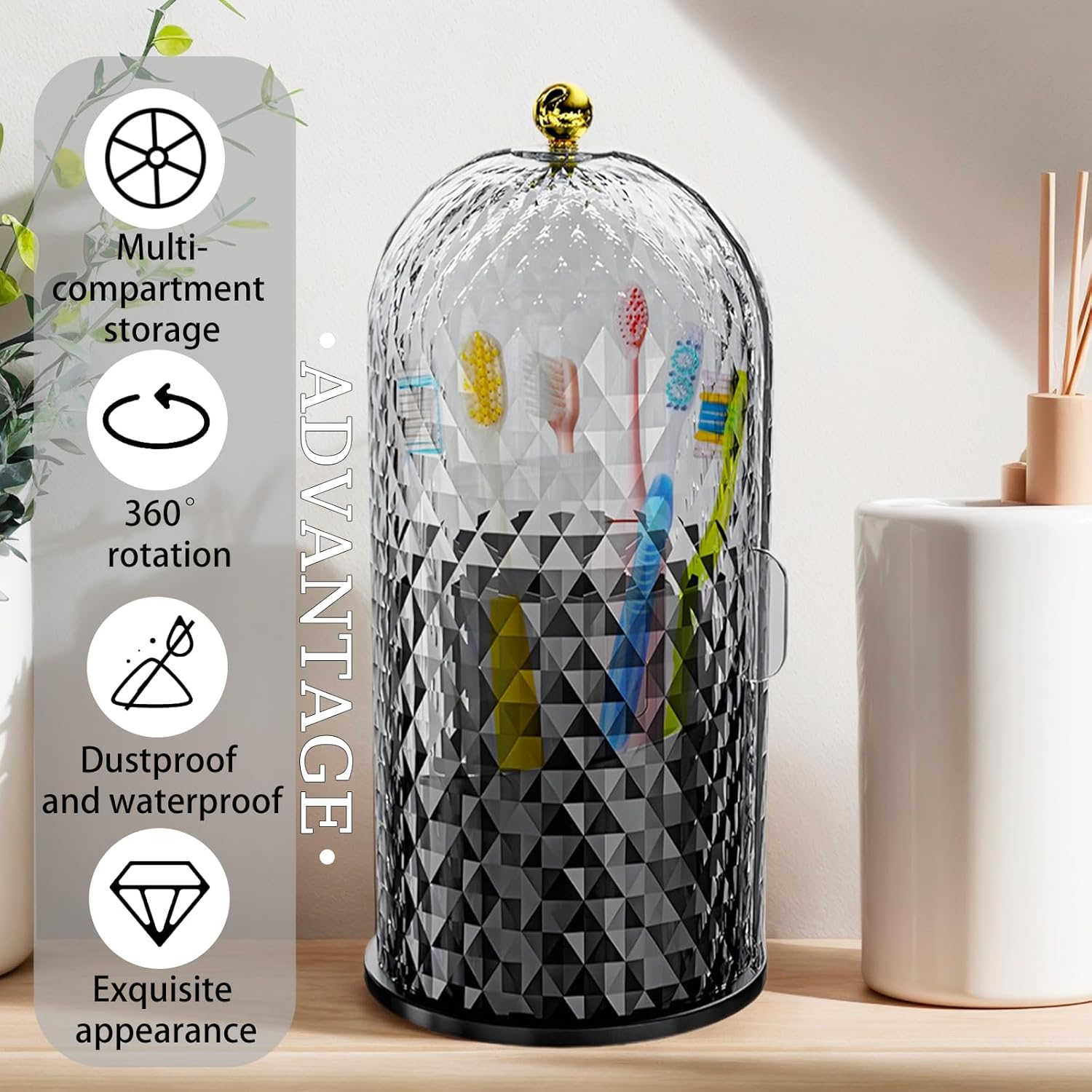 ONEPEACE 3-Slot Rotating Toothbrush Holder with Sliding Lid