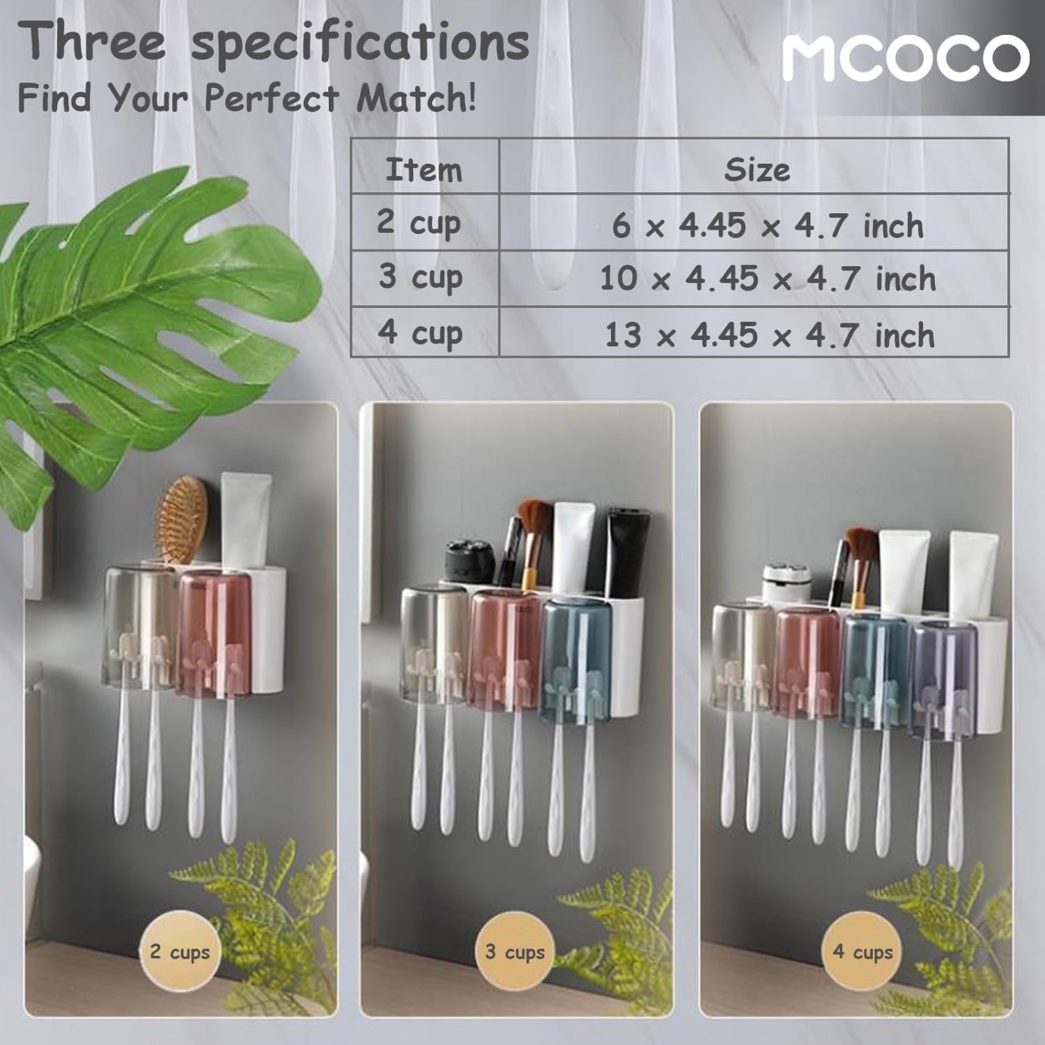 MCOCO Wall Mounted Toothbrush Holder with 2 Cups and 4 Slots