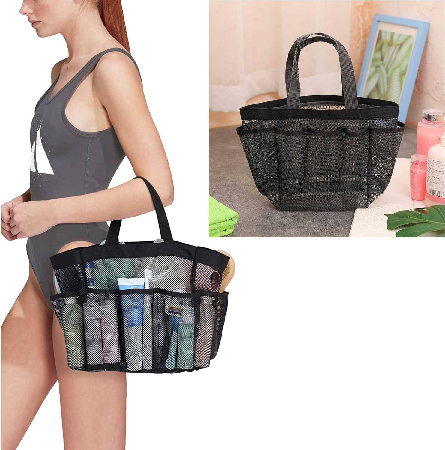 Mesh Shower Caddy Basket with Handle - Black