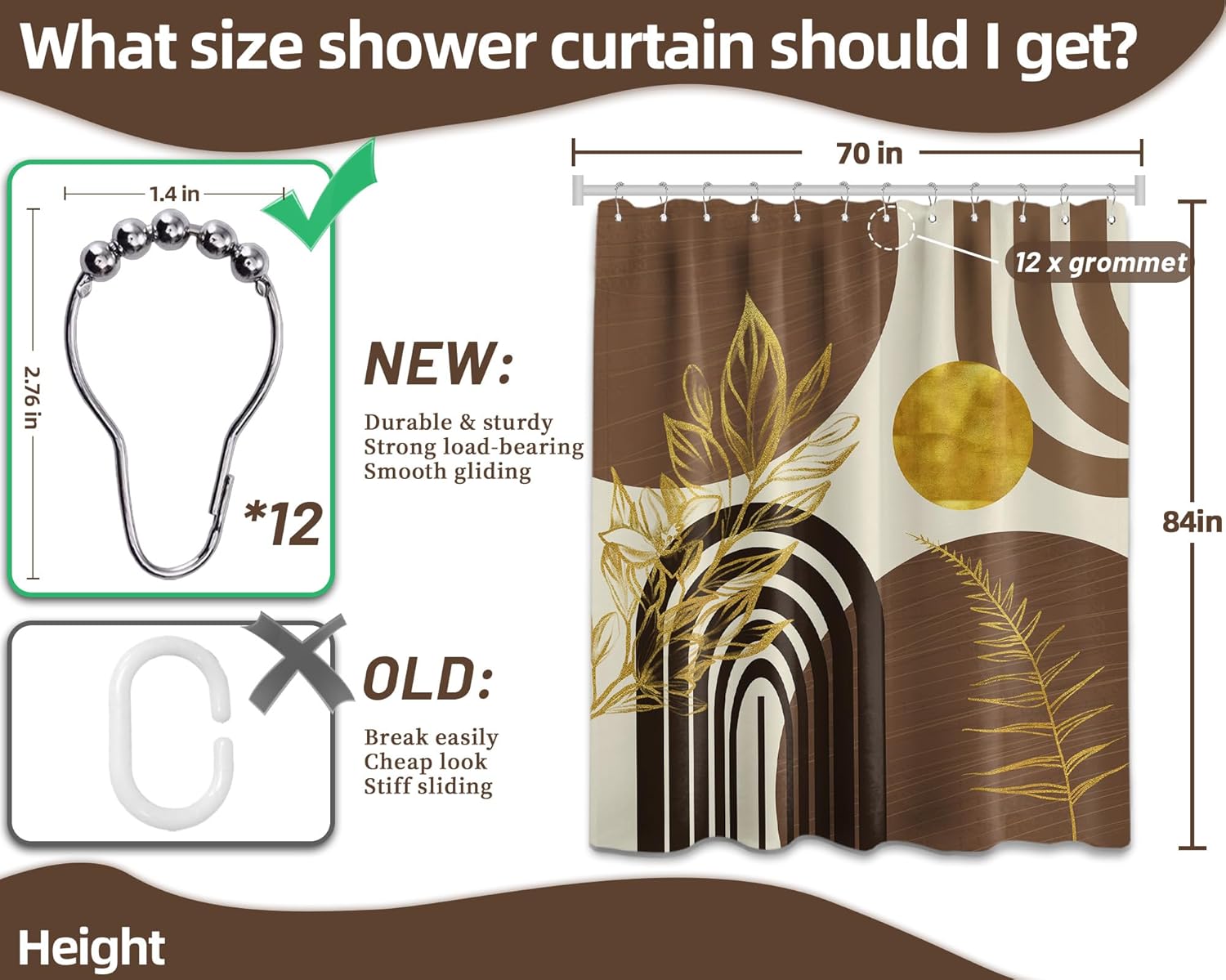 Boho MCM Shower Curtain Set Black Brown Beige 72x84 Waterproof